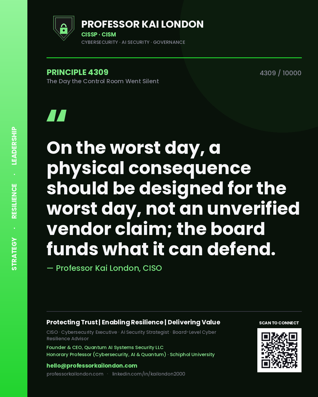 Quote card by Professor Kai London reading 'On the worst day, a physical consequence should be designed for the worst day, not an unverified vendor claim; the board funds what it can defend.'. From the book The Day the Control Room Went Silent.