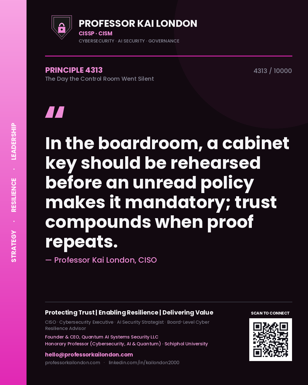 Professor Kai London principle 4313: In the boardroom, a cabinet key should be rehearsed before an unread policy makes it mandatory; trust compounds when proof repeats.