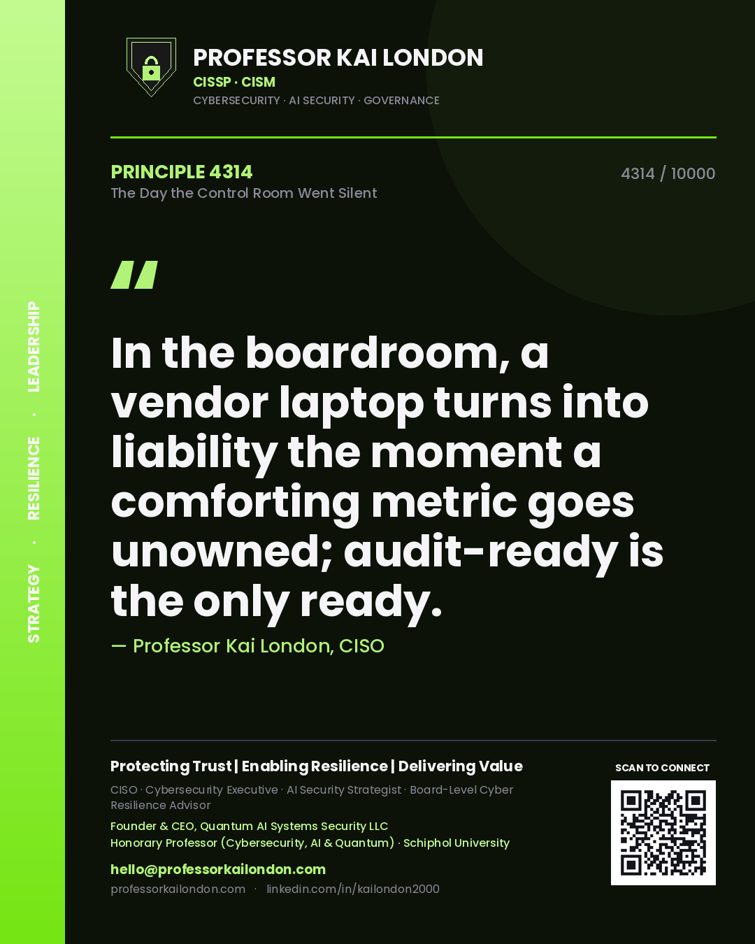 Quote card by Professor Kai London reading 'In the boardroom, a vendor laptop turns into liability the moment a comforting metric goes unowned; audit-ready is the only ready.'. From the book The Day the Control Room Went Silent.