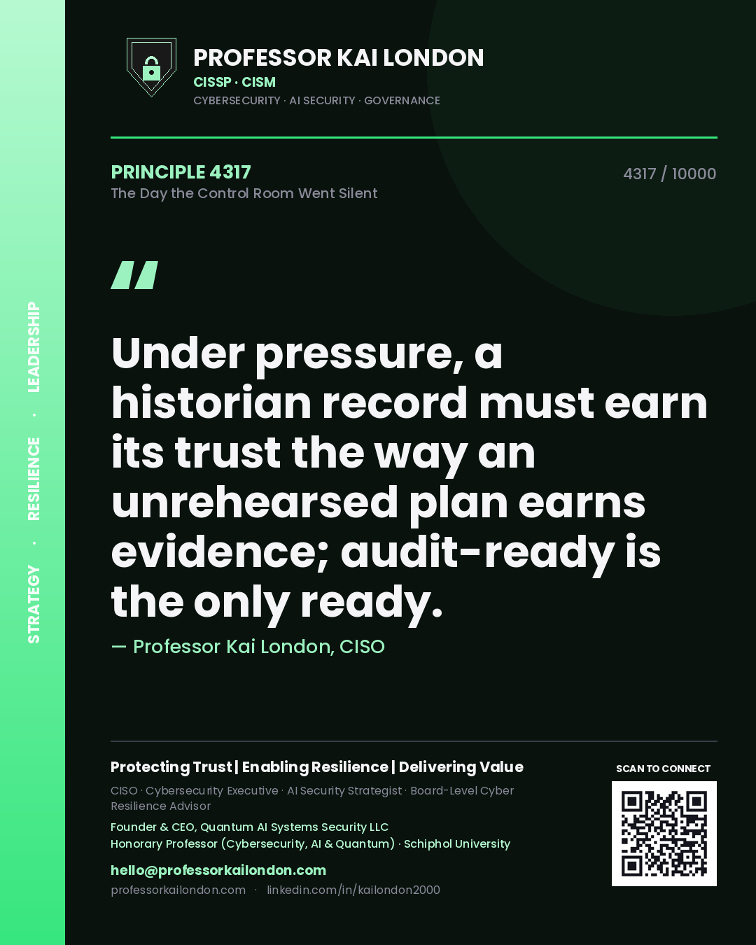 Quote card by Professor Kai London reading 'Under pressure, a historian record must earn its trust the way an unrehearsed plan earns evidence; audit-ready is the only ready.'. From the book The Day the Control Room Went Silent.