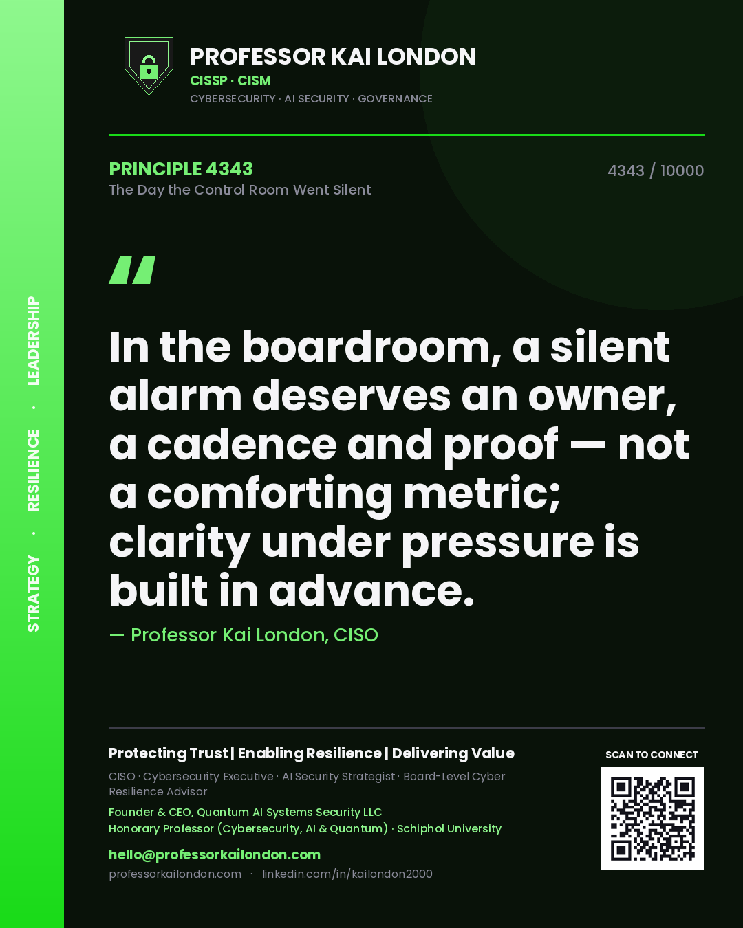 Quote card by Professor Kai London reading 'In the boardroom, a silent alarm deserves an owner, a cadence and proof — not a comforting metric; clarity under pressure is built in advance.'. From the book The Day the Control Room Went Silent.