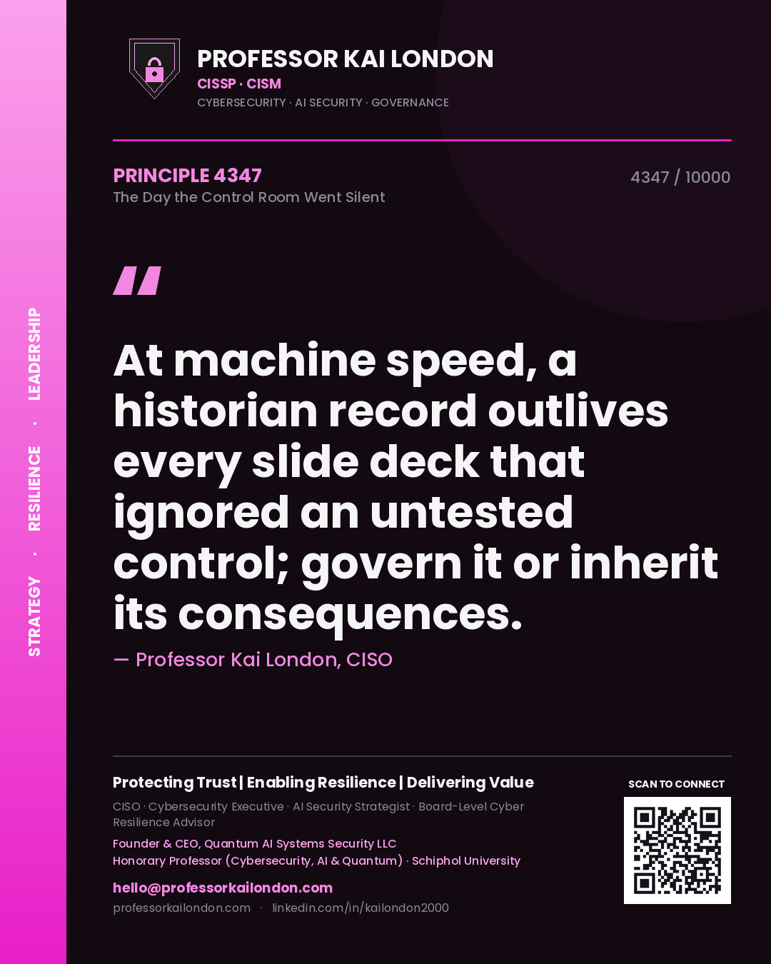 Quote card by Professor Kai London reading 'At machine speed, a historian record outlives every slide deck that ignored an untested control; govern it or inherit its consequences.'. From the book The Day the Control Room Went Silent.