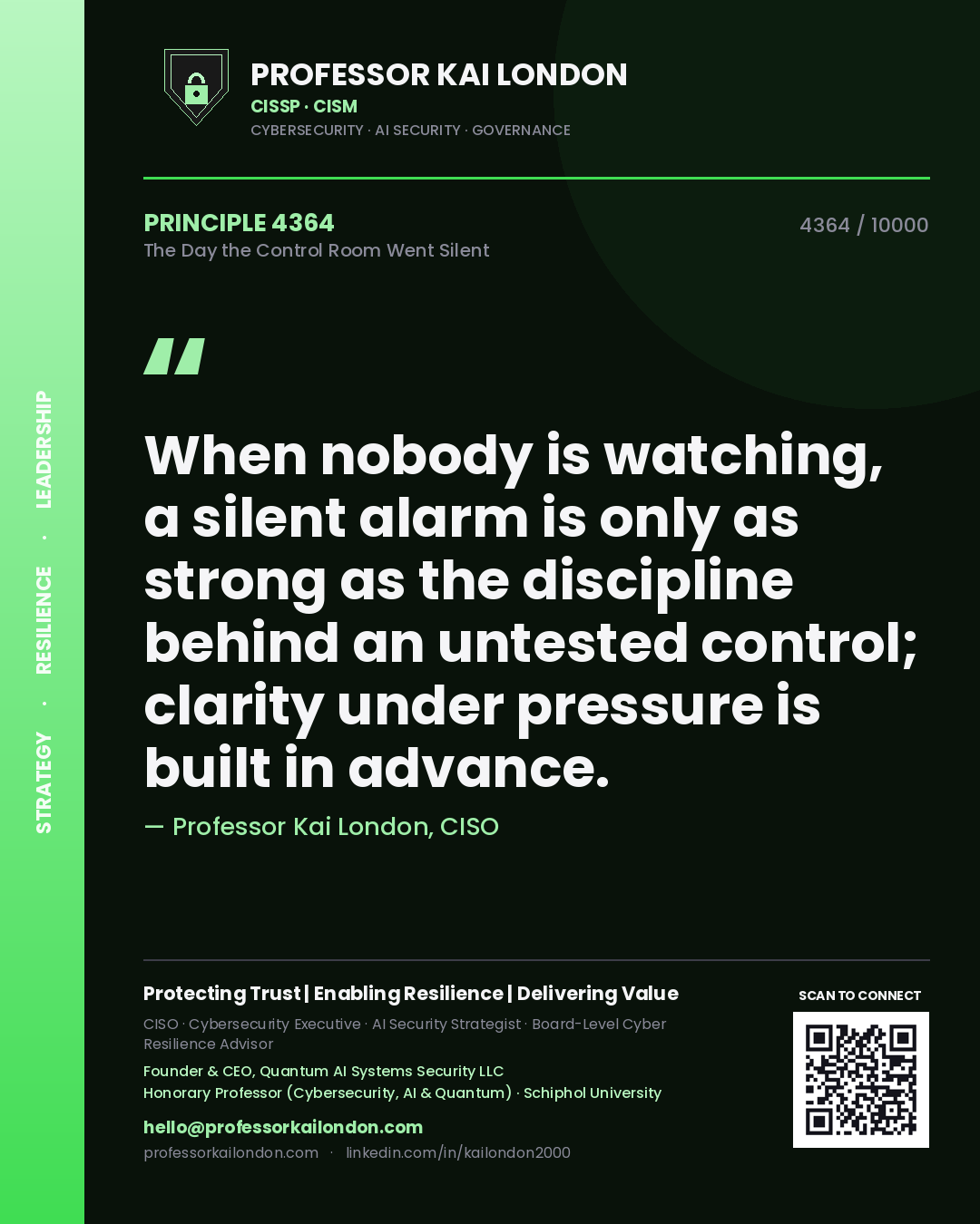 Quote card by Professor Kai London reading 'When nobody is watching, a silent alarm is only as strong as the discipline behind an untested control; clarity under pressure is built in advance.'. From the book The Day the Control Room Went Silent.