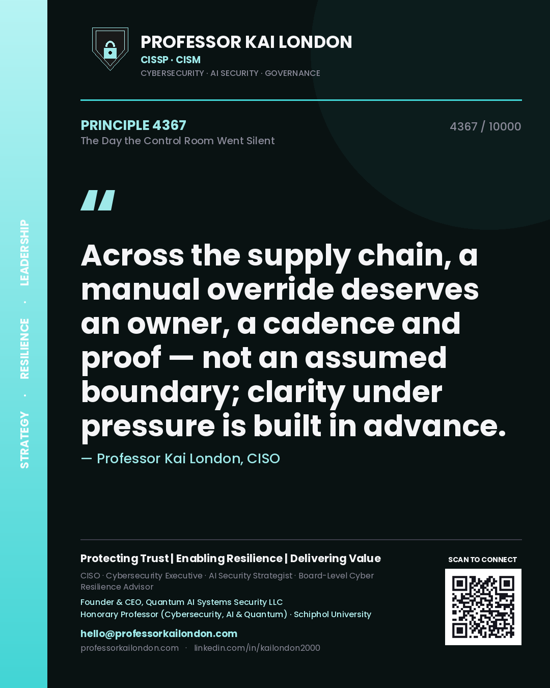 Professor Kai London principle 4367: Across the supply chain, a manual override deserves an owner, a cadence and proof — not an assumed boundary; clarity under pressure is built in advance.
