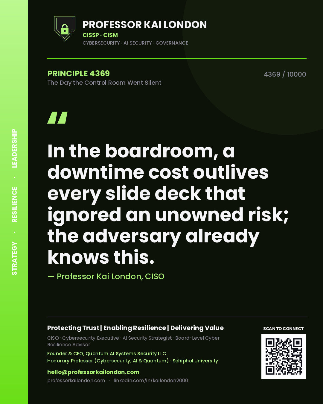 Quote card by Professor Kai London reading 'In the boardroom, a downtime cost outlives every slide deck that ignored an unowned risk; the adversary already knows this.'. From the book The Day the Control Room Went Silent.