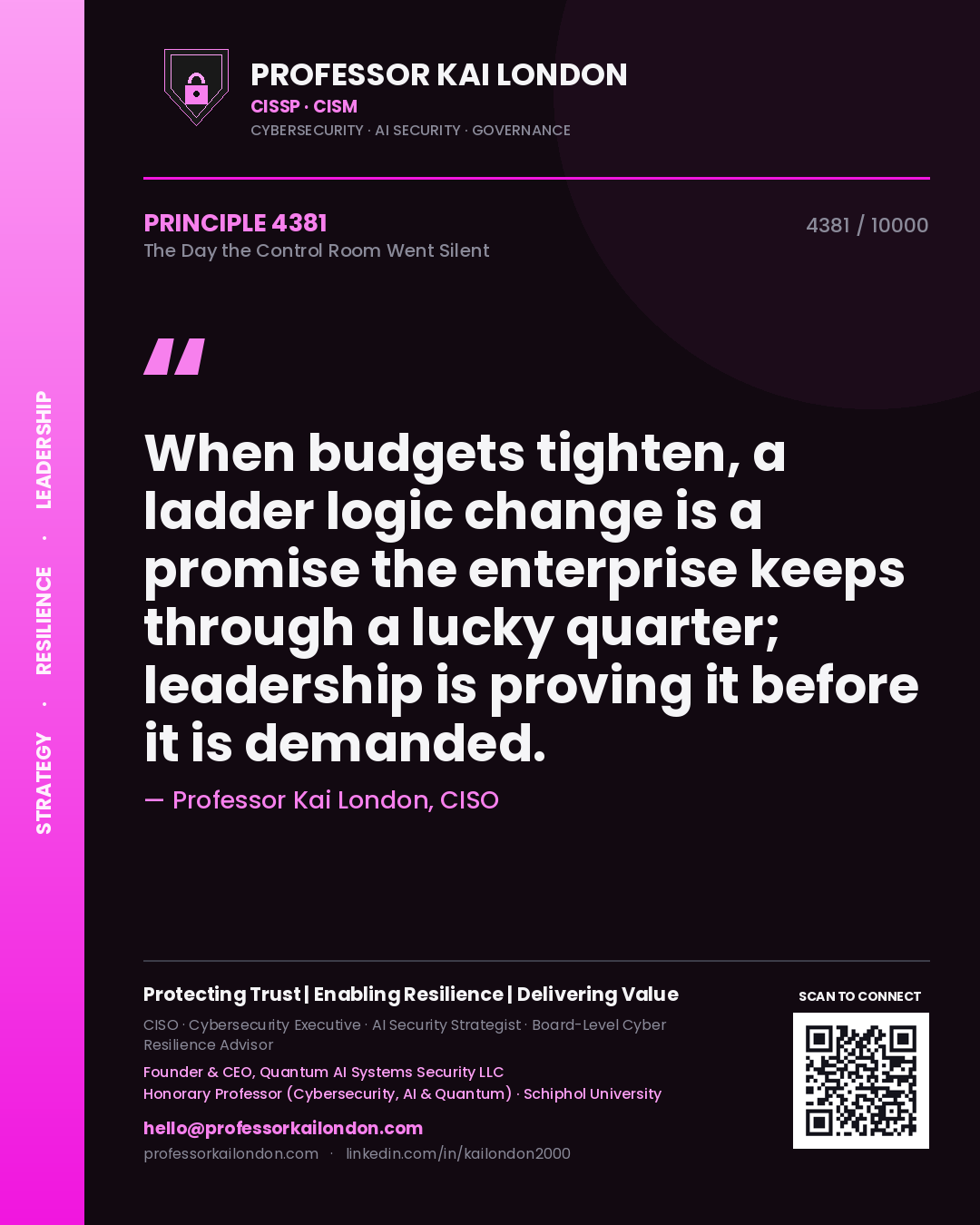 Quote card by Professor Kai London reading 'When budgets tighten, a ladder logic change is a promise the enterprise keeps through a lucky quarter; leadership is proving it before it is demanded.'. From the book The Day the Control Room Went Silent.