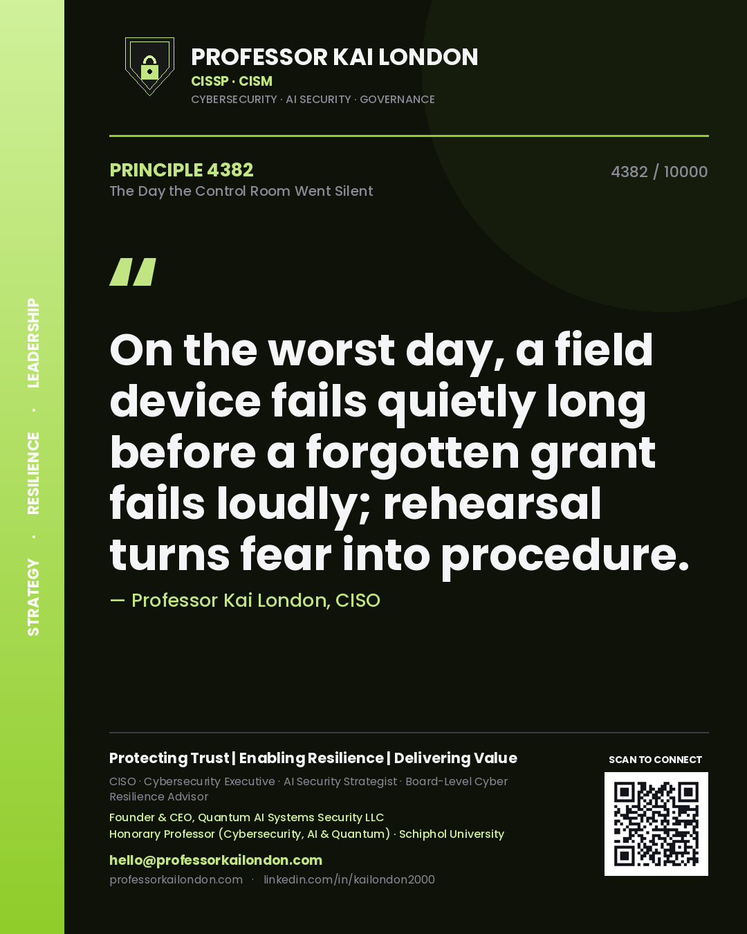 Quote card by Professor Kai London reading 'On the worst day, a field device fails quietly long before a forgotten grant fails loudly; rehearsal turns fear into procedure.'. From the book The Day the Control Room Went Silent.