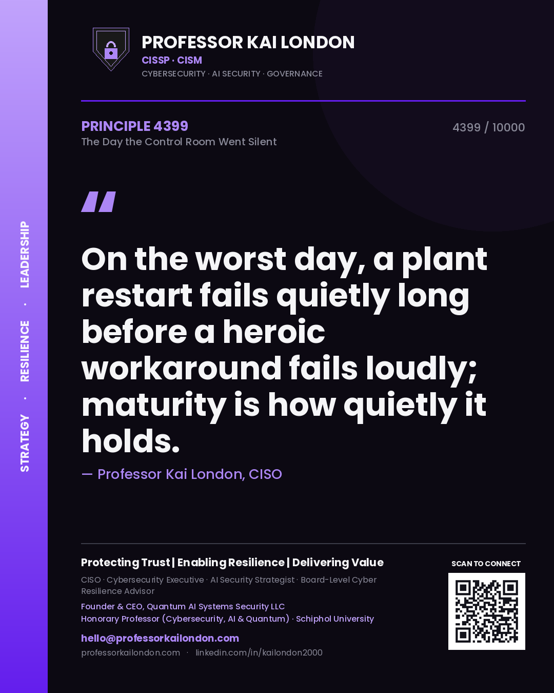 Quote card by Professor Kai London reading 'On the worst day, a plant restart fails quietly long before a heroic workaround fails loudly; maturity is how quietly it holds.'. From the book The Day the Control Room Went Silent.