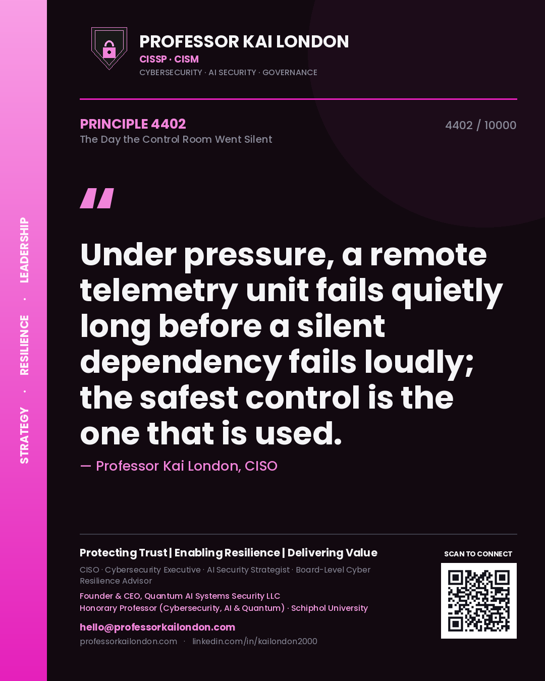 Professor Kai London principle 4402: Under pressure, a remote telemetry unit fails quietly long before a silent dependency fails loudly; the safest control is the one that is used.