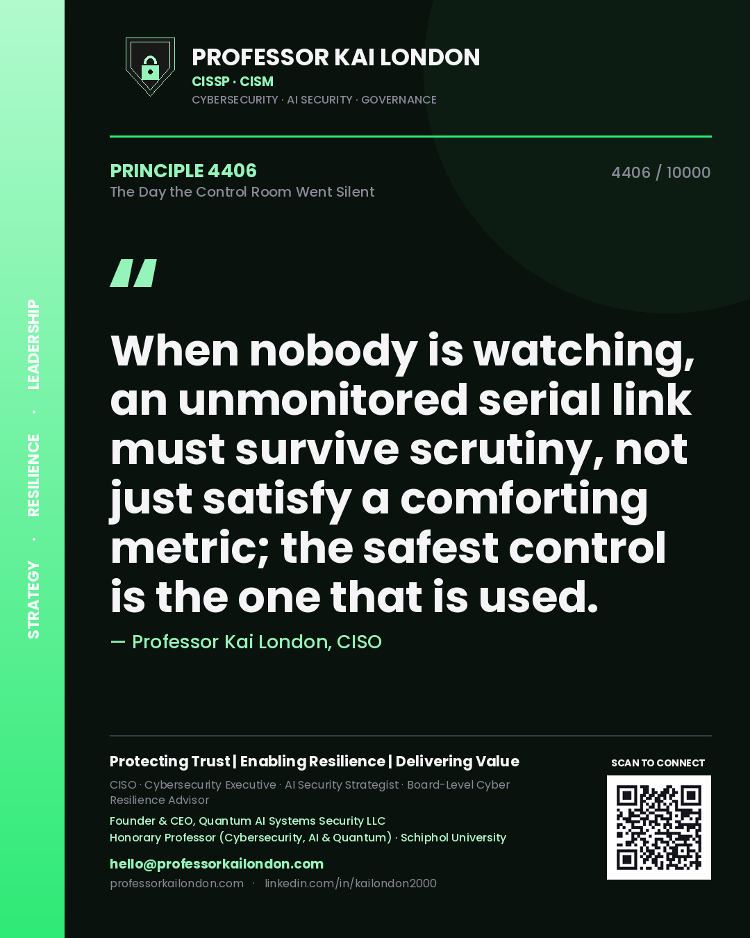 Quote card by Professor Kai London reading 'When nobody is watching, an unmonitored serial link must survive scrutiny, not just satisfy a comforting metric; the safest control is the one that is used.'. From the book The Day the Control Room Went Silent.