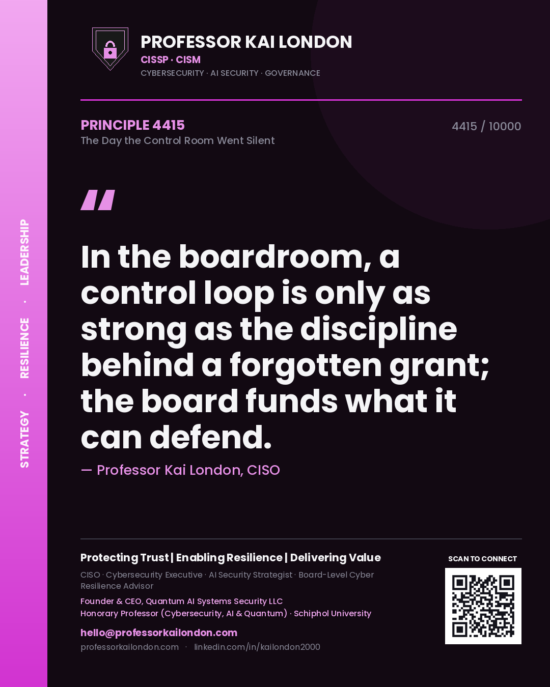 Professor Kai London principle 4415: In the boardroom, a control loop is only as strong as the discipline behind a forgotten grant; the board funds what it can defend.