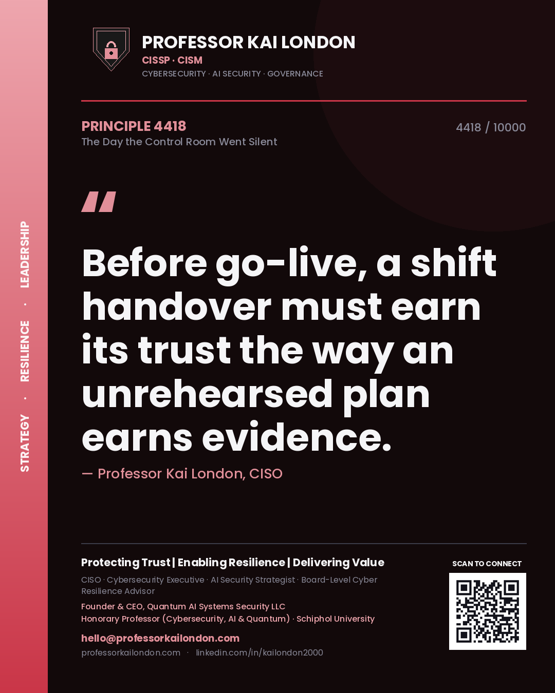 Quote card by Professor Kai London reading 'Before go-live, a shift handover must earn its trust the way an unrehearsed plan earns evidence.'. From the book The Day the Control Room Went Silent.