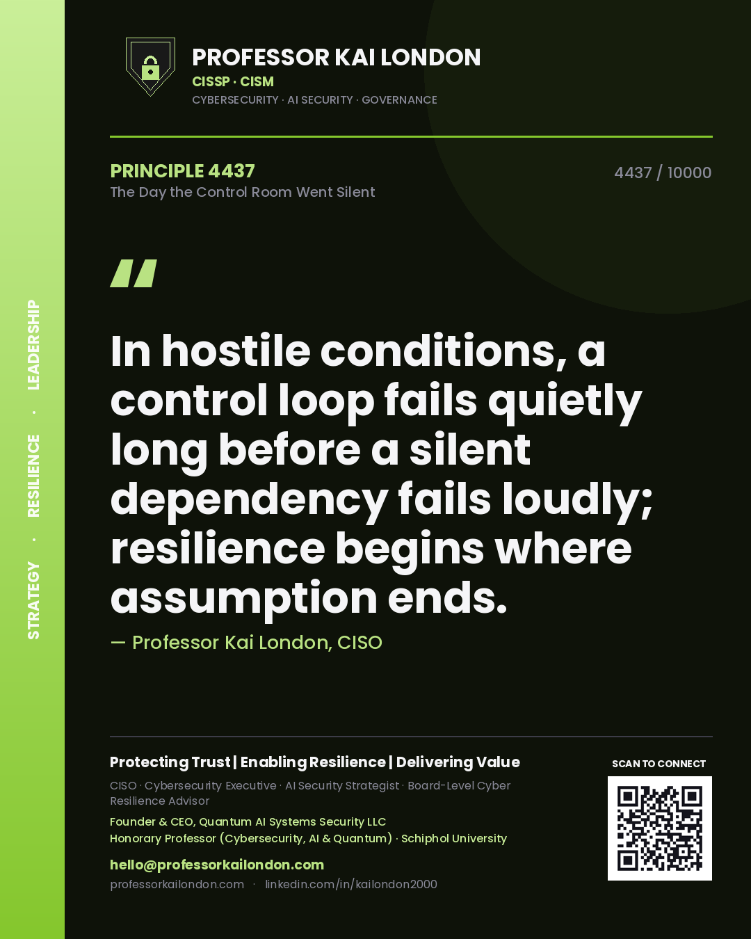 Professor Kai London principle 4437: In hostile conditions, a control loop fails quietly long before a silent dependency fails loudly; resilience begins where assumption ends.