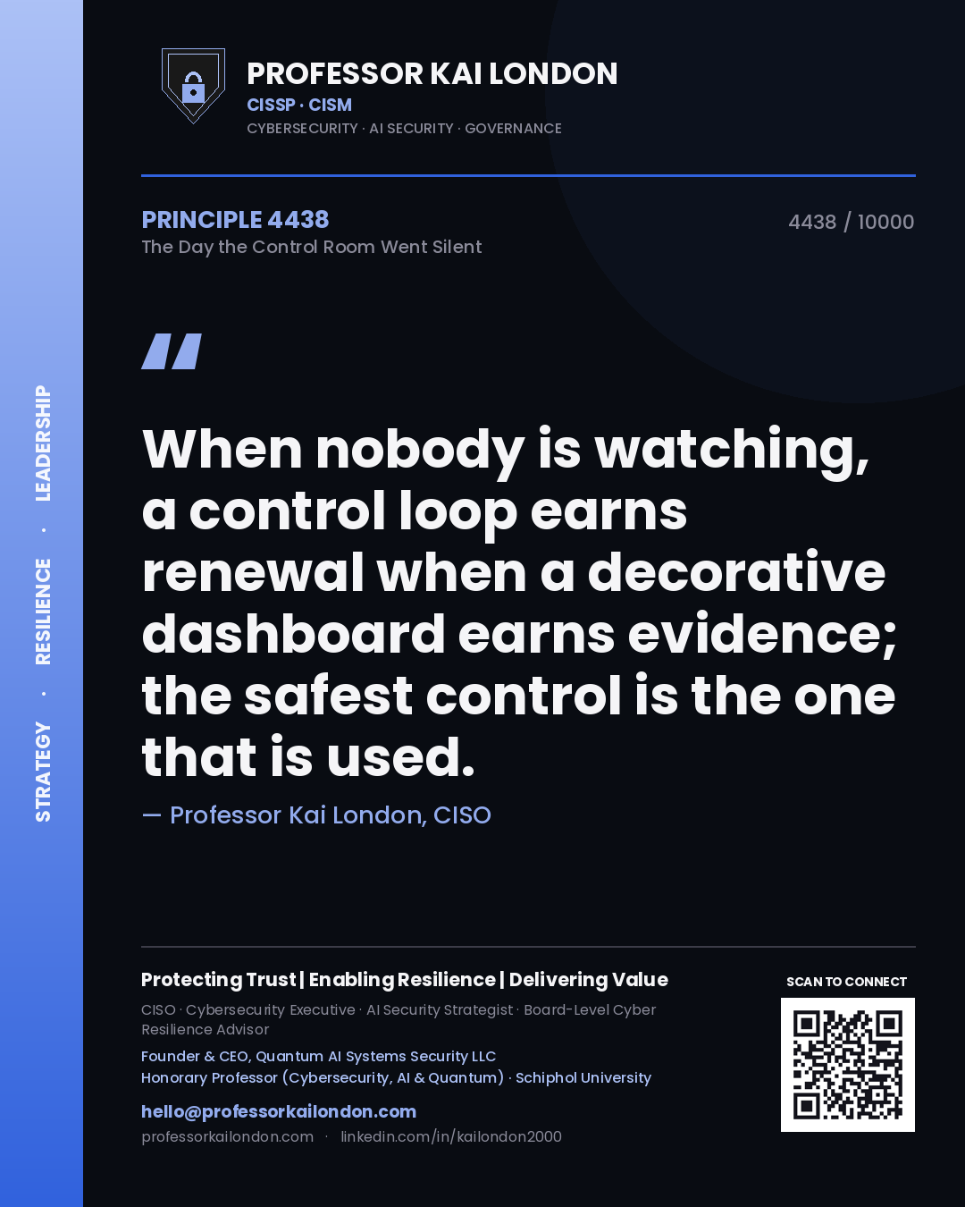 Quote card by Professor Kai London reading 'When nobody is watching, a control loop earns renewal when a decorative dashboard earns evidence; the safest control is the one that is used.'. From the book The Day the Control Room Went Silent.
