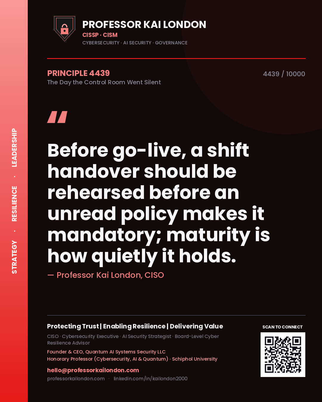 Quote card by Professor Kai London reading 'Before go-live, a shift handover should be rehearsed before an unread policy makes it mandatory; maturity is how quietly it holds.'. From the book The Day the Control Room Went Silent.