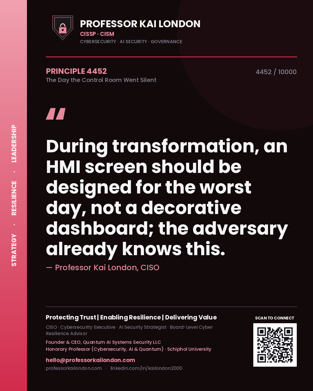 Professor Kai London principle 4452: During transformation, an HMI screen should be designed for the worst day, not a decorative dashboard; the adversary already knows this.