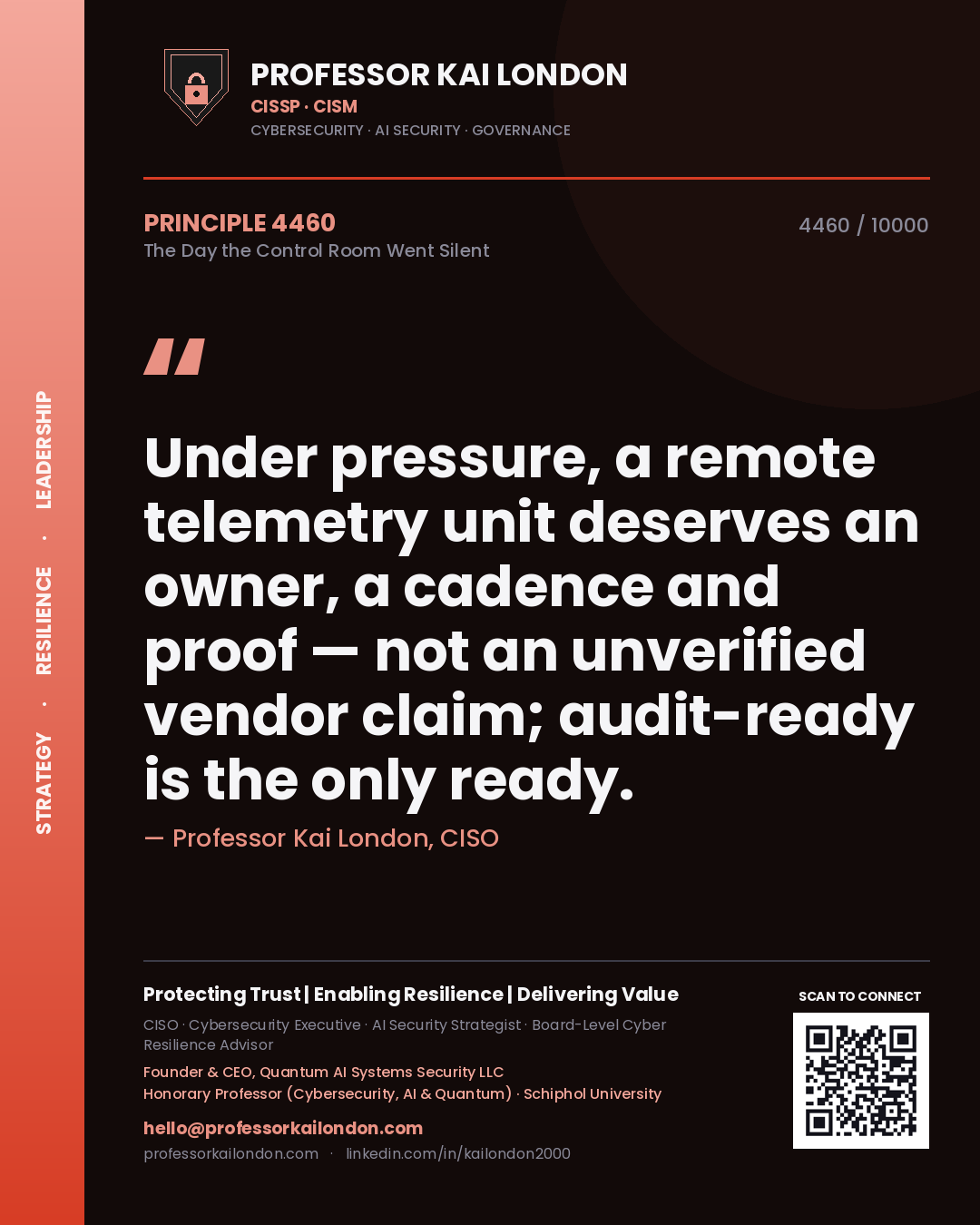 Quote card by Professor Kai London reading 'Under pressure, a remote telemetry unit deserves an owner, a cadence and proof — not an unverified vendor claim; audit-ready is the only ready.'. From the book The Day the Control Room Went Silent.