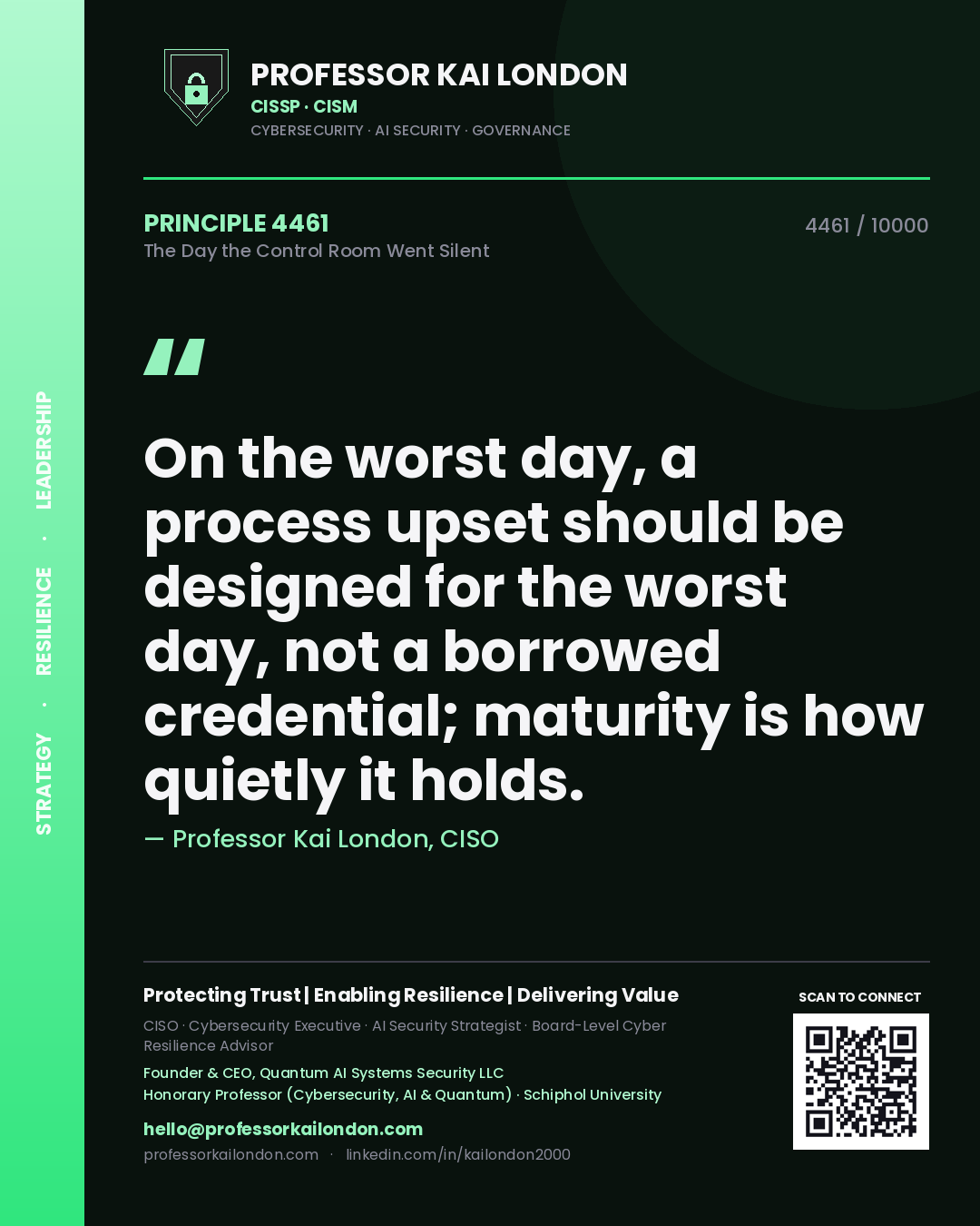 Professor Kai London principle 4461: On the worst day, a process upset should be designed for the worst day, not a borrowed credential; maturity is how quietly it holds.