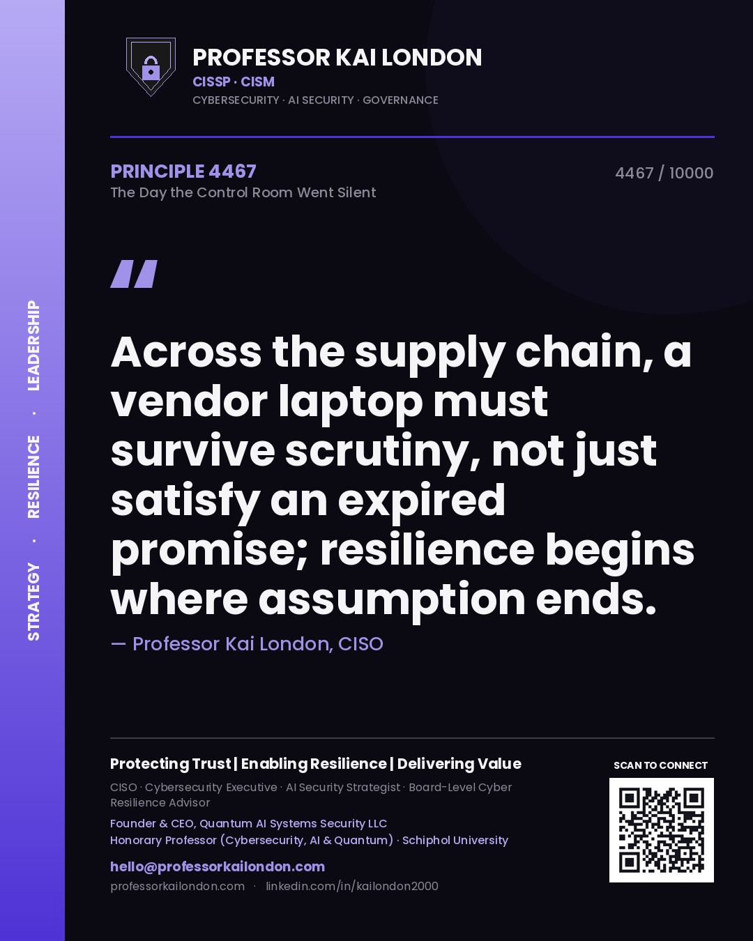 Professor Kai London principle 4467: Across the supply chain, a vendor laptop must survive scrutiny, not just satisfy an expired promise; resilience begins where assumption ends.