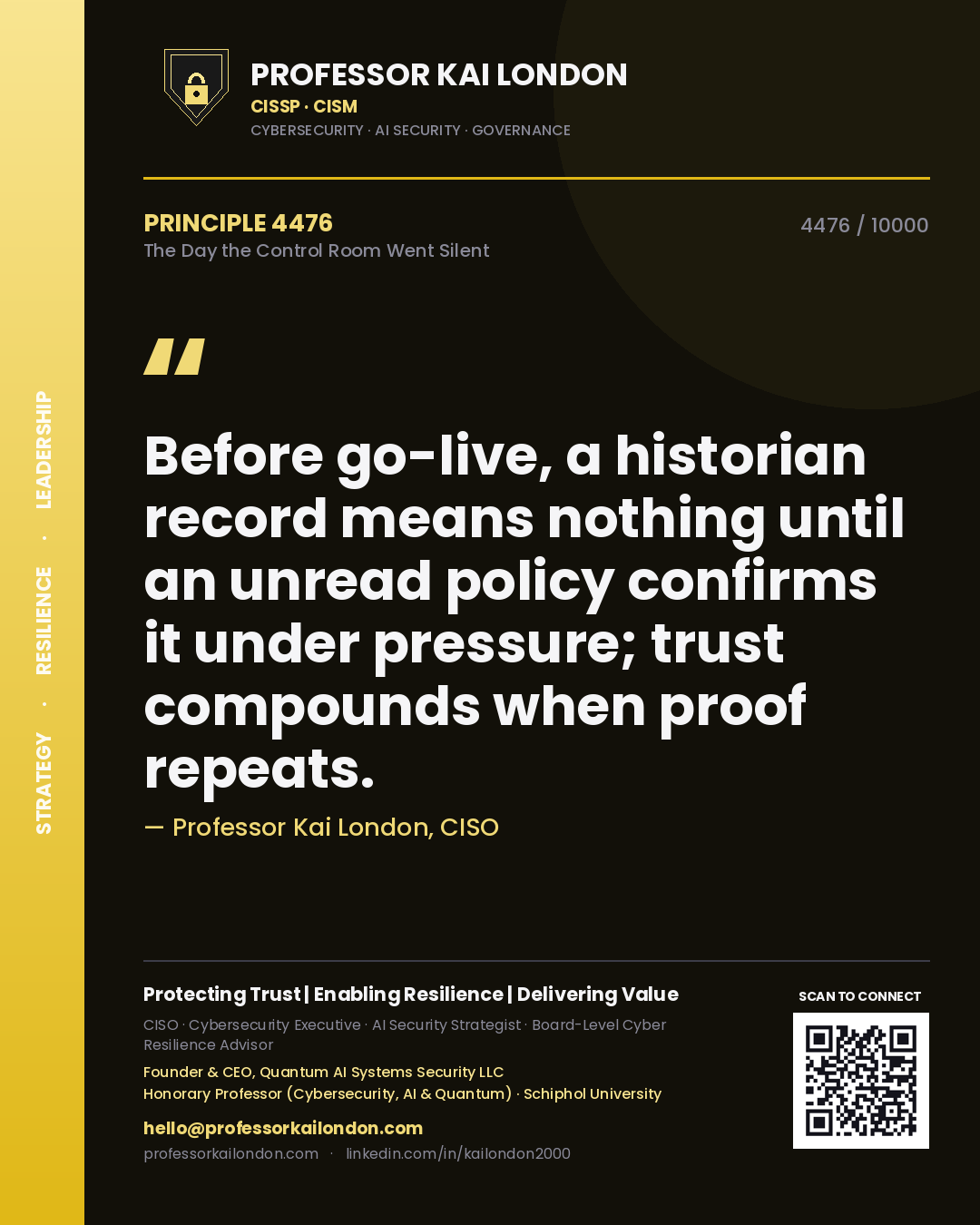 Quote card by Professor Kai London reading 'Before go-live, a historian record means nothing until an unread policy confirms it under pressure; trust compounds when proof repeats.'. From the book The Day the Control Room Went Silent.