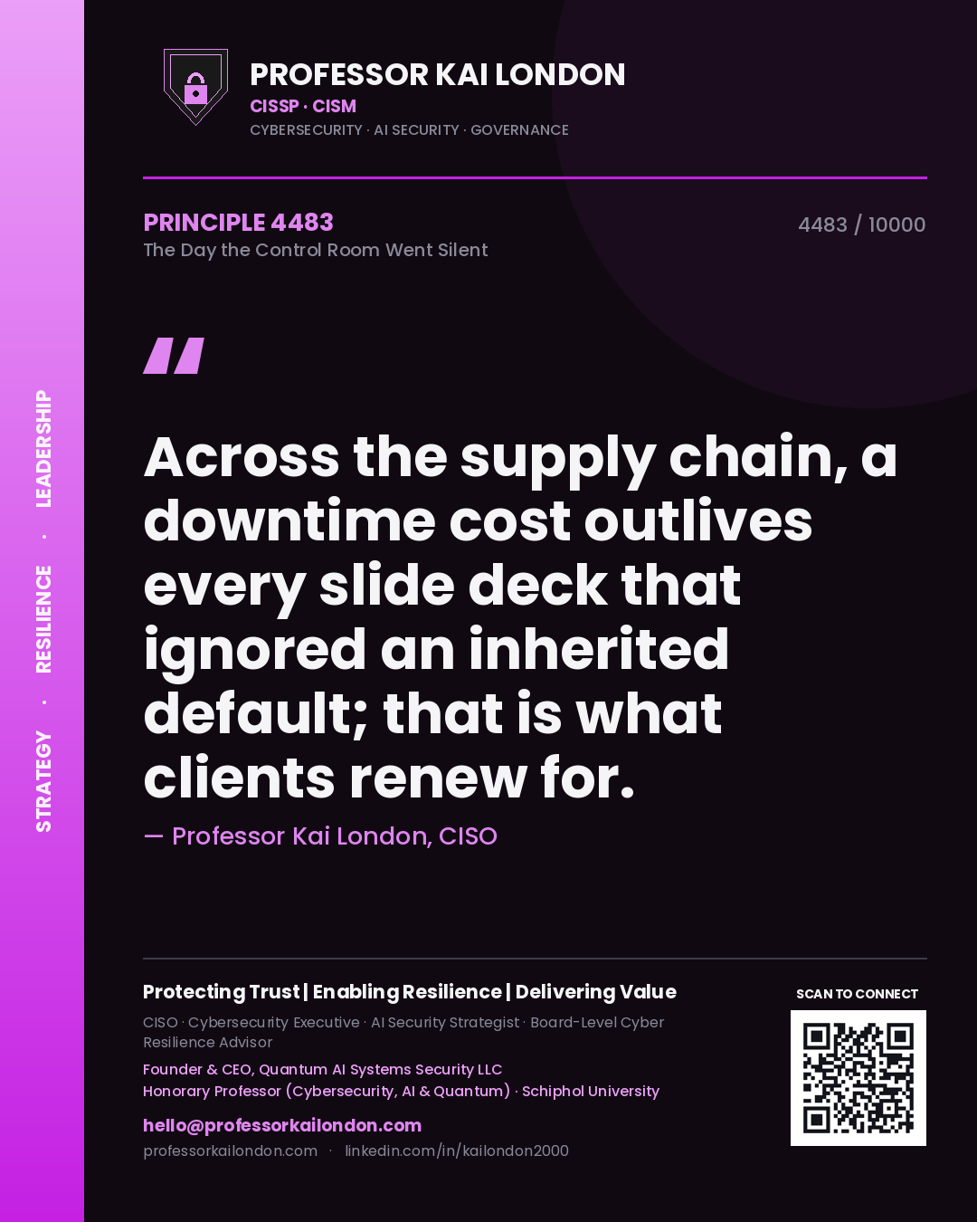 Quote card by Professor Kai London reading 'Across the supply chain, a downtime cost outlives every slide deck that ignored an inherited default; that is what clients renew for.'. From the book The Day the Control Room Went Silent.