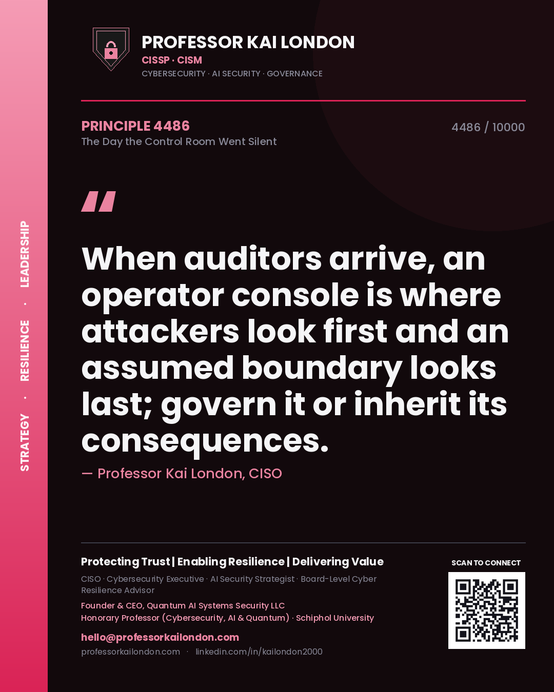 Professor Kai London principle 4486: When auditors arrive, an operator console is where attackers look first and an assumed boundary looks last; govern it or inherit its consequences.