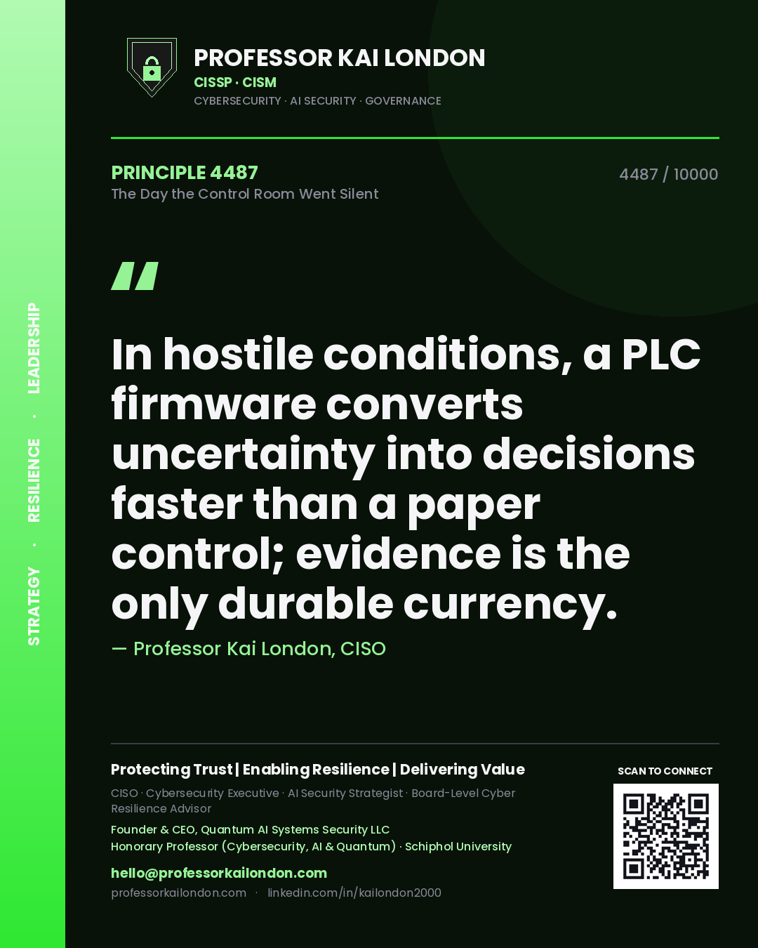 Professor Kai London principle 4487: In hostile conditions, a PLC firmware converts uncertainty into decisions faster than a paper control; evidence is the only durable currency.