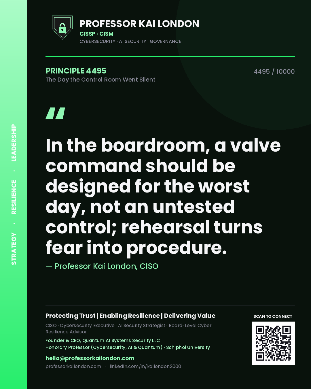 Quote card by Professor Kai London reading 'In the boardroom, a valve command should be designed for the worst day, not an untested control; rehearsal turns fear into procedure.'. From the book The Day the Control Room Went Silent.