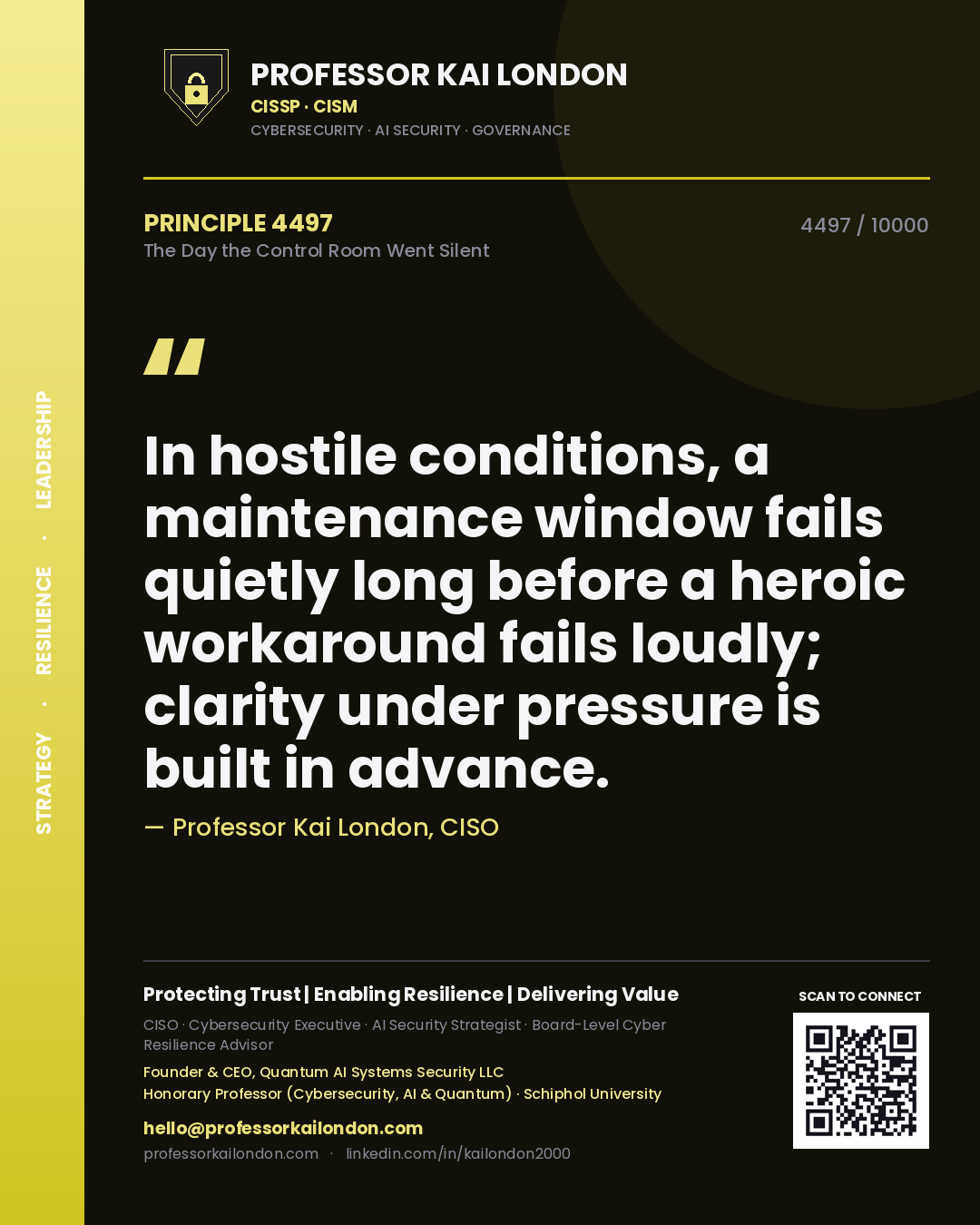 Quote card by Professor Kai London reading 'In hostile conditions, a maintenance window fails quietly long before a heroic workaround fails loudly; clarity under pressure is built in advance.'. From the book The Day the Control Room Went Silent.