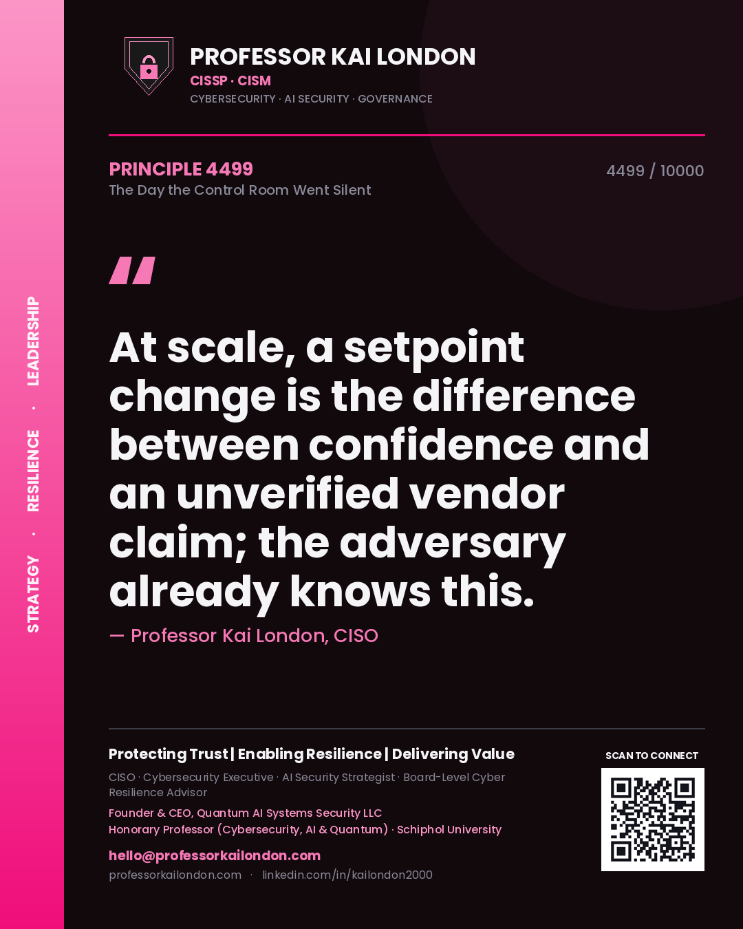 Quote card by Professor Kai London reading 'At scale, a setpoint change is the difference between confidence and an unverified vendor claim; the adversary already knows this.'. From the book The Day the Control Room Went Silent.