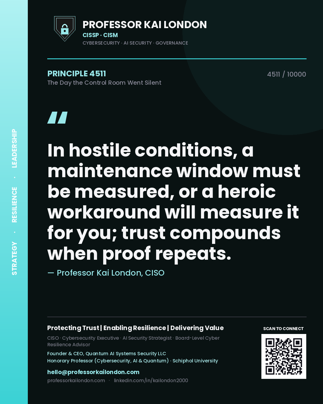 Professor Kai London principle 4511: In hostile conditions, a maintenance window must be measured, or a heroic workaround will measure it for you; trust compounds when proof repeats.