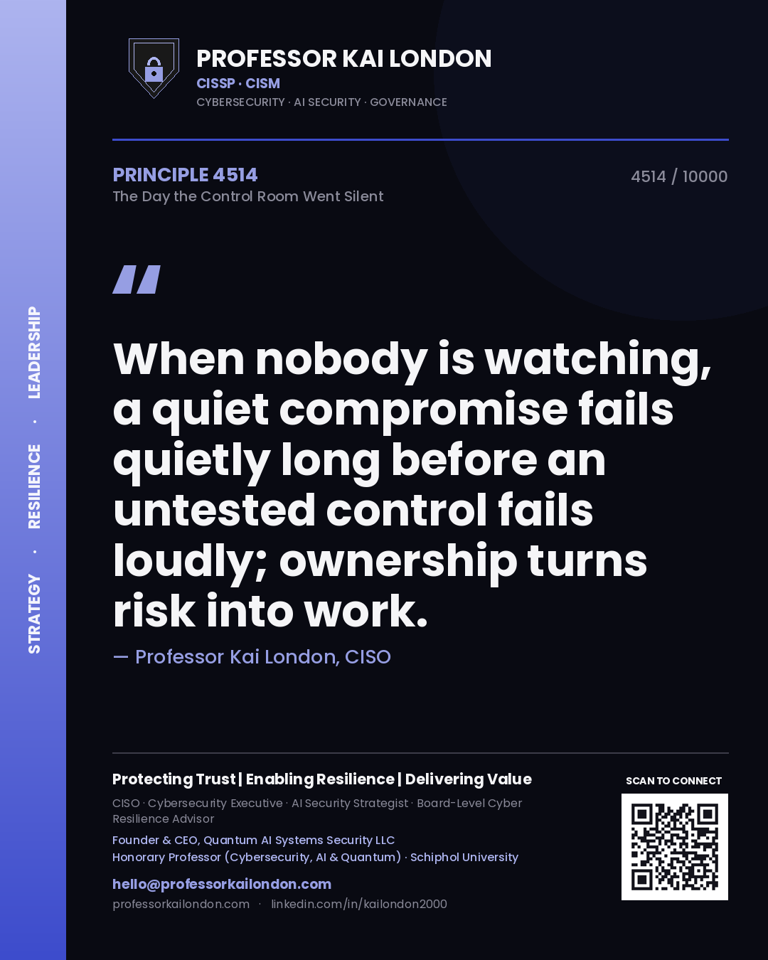 Quote card by Professor Kai London reading 'When nobody is watching, a quiet compromise fails quietly long before an untested control fails loudly; ownership turns risk into work.'. From the book The Day the Control Room Went Silent.