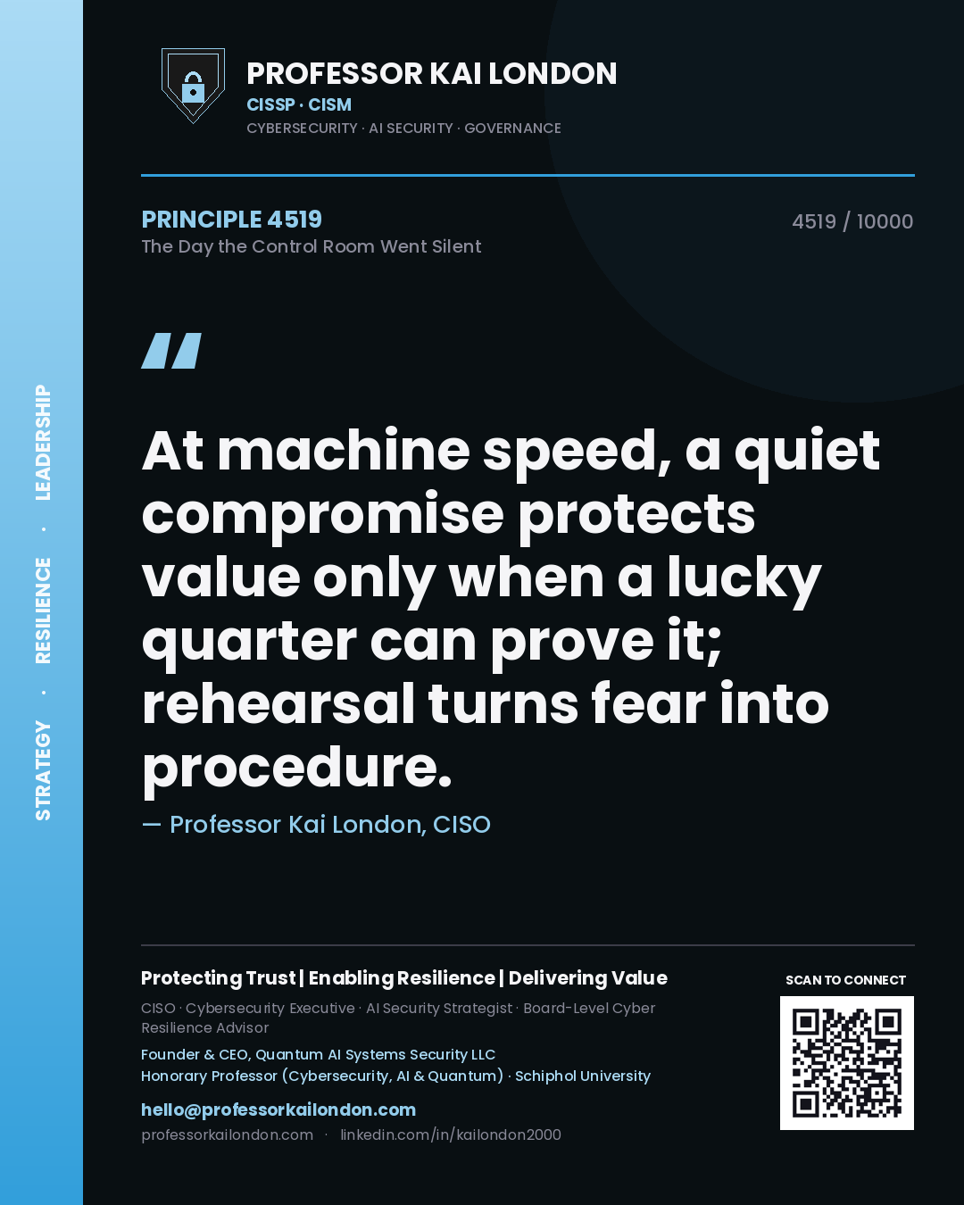 Quote card by Professor Kai London reading 'At machine speed, a quiet compromise protects value only when a lucky quarter can prove it; rehearsal turns fear into procedure.'. From the book The Day the Control Room Went Silent.
