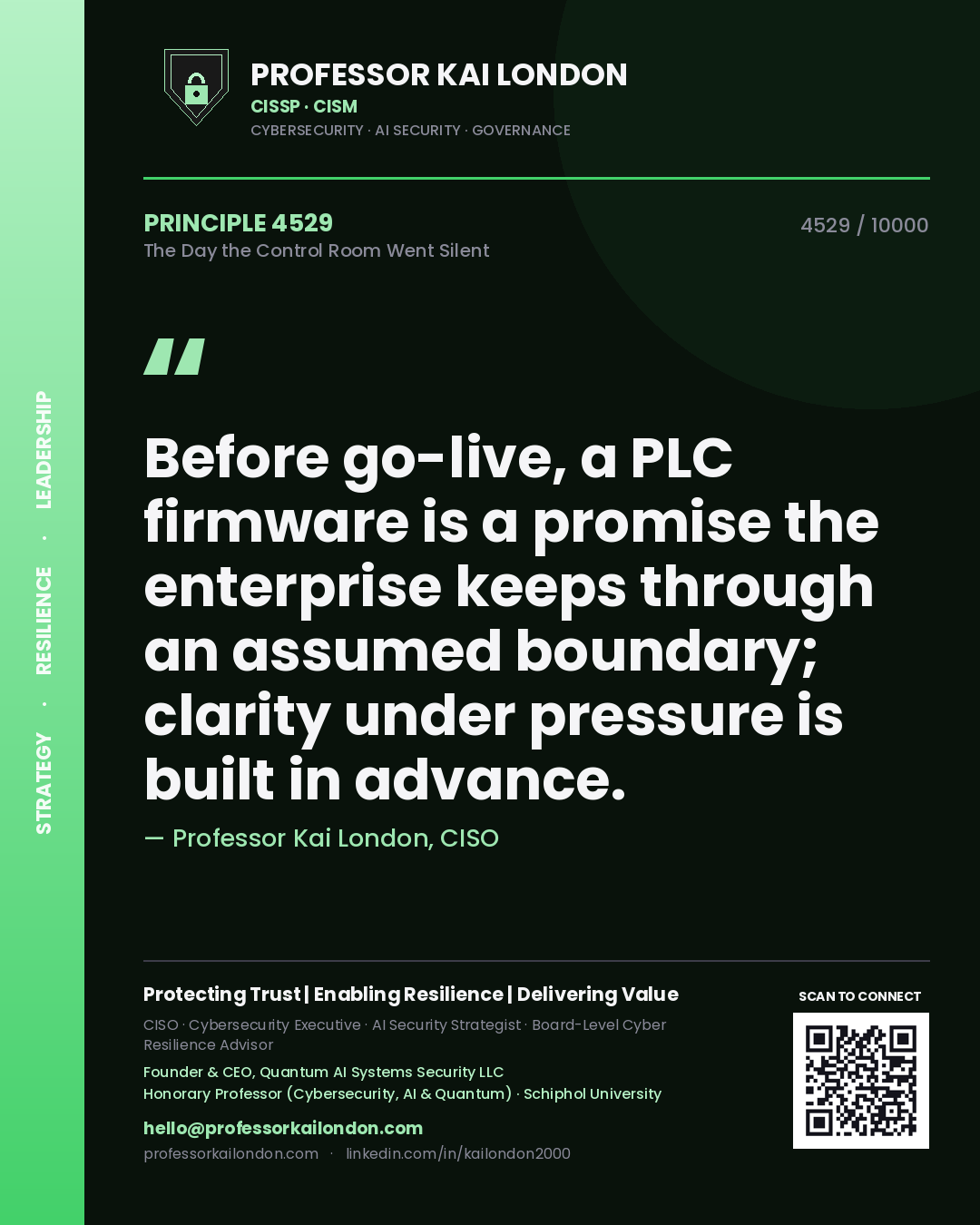 Quote card by Professor Kai London reading 'Before go-live, a PLC firmware is a promise the enterprise keeps through an assumed boundary; clarity under pressure is built in advance.'. From the book The Day the Control Room Went Silent.