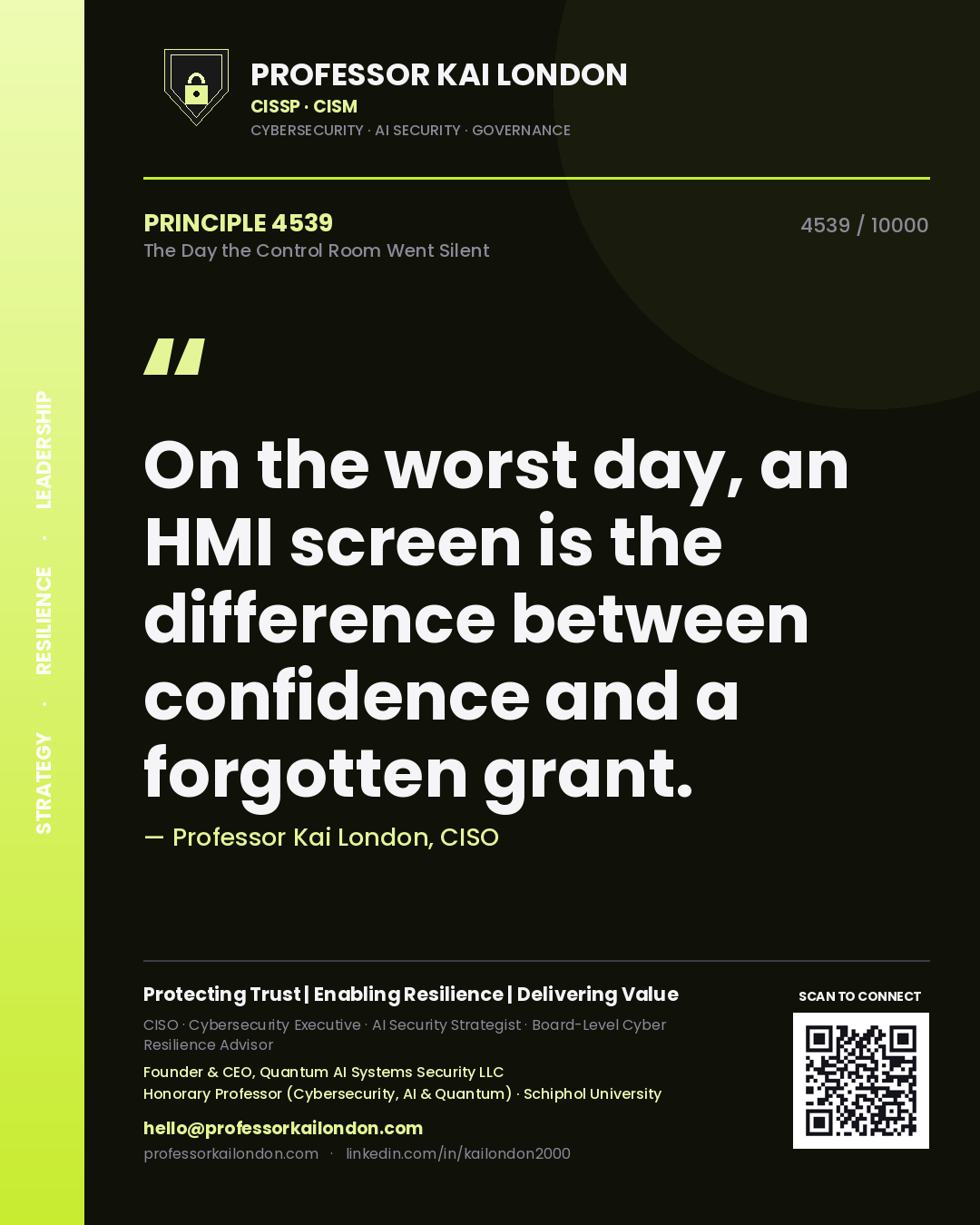 Professor Kai London principle 4539: On the worst day, an HMI screen is the difference between confidence and a forgotten grant.