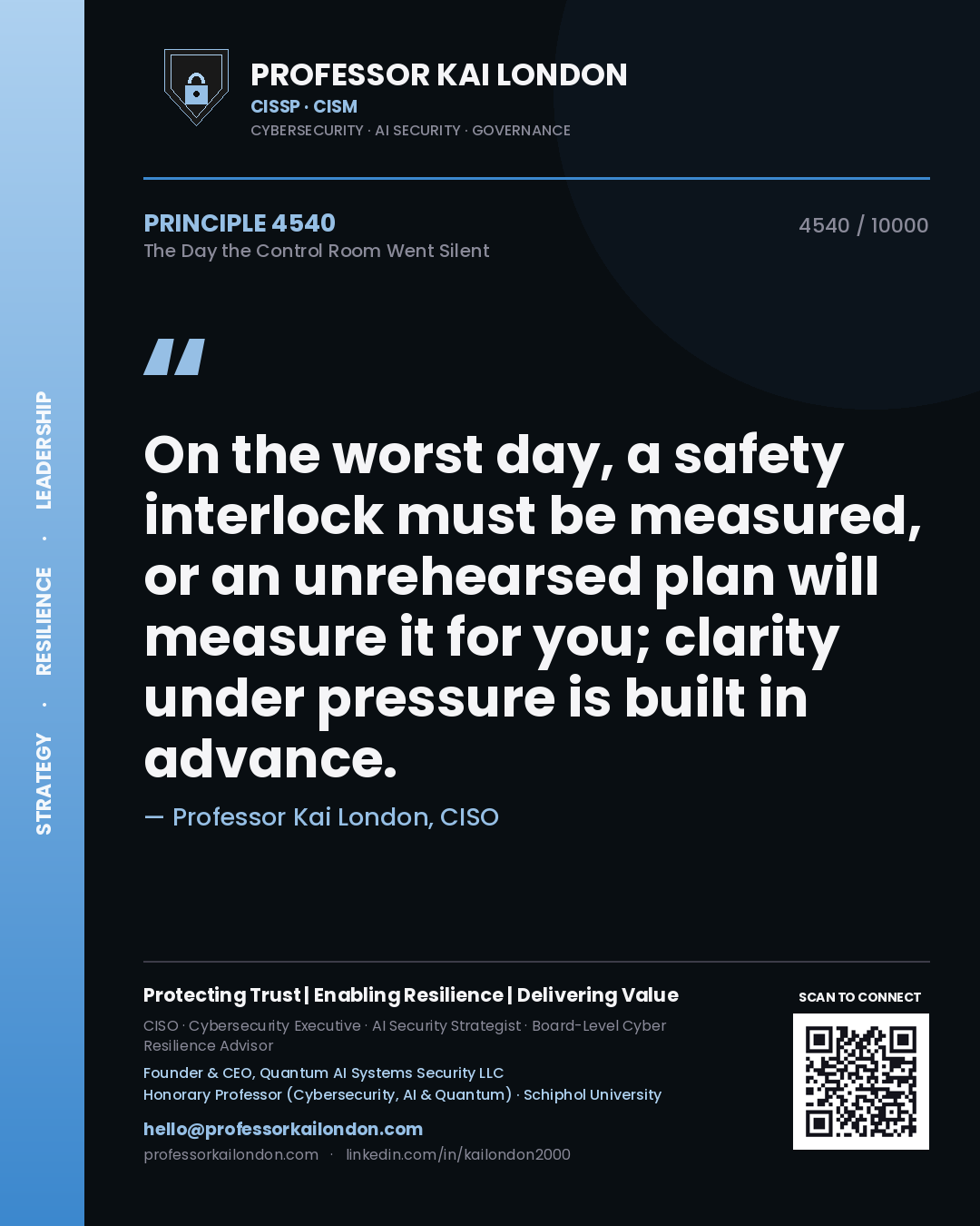 Professor Kai London principle 4540: On the worst day, a safety interlock must be measured, or an unrehearsed plan will measure it for you; clarity under pressure is built in advance.