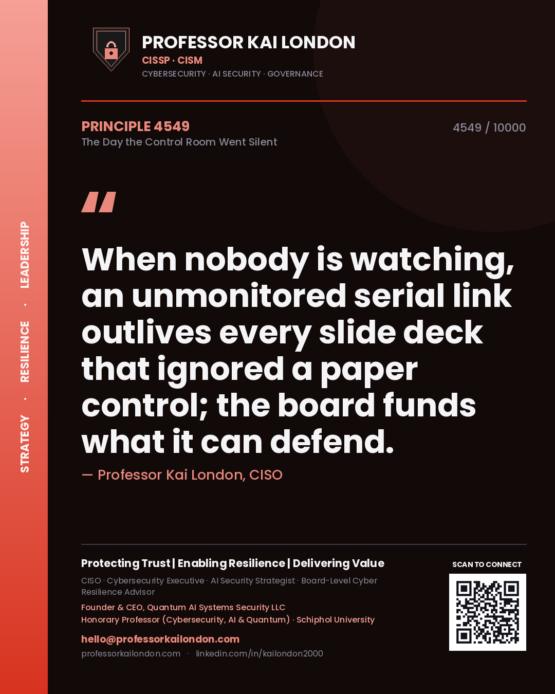 Quote card by Professor Kai London reading 'When nobody is watching, an unmonitored serial link outlives every slide deck that ignored a paper control; the board funds what it can defend.'. From the book The Day the Control Room Went Silent.