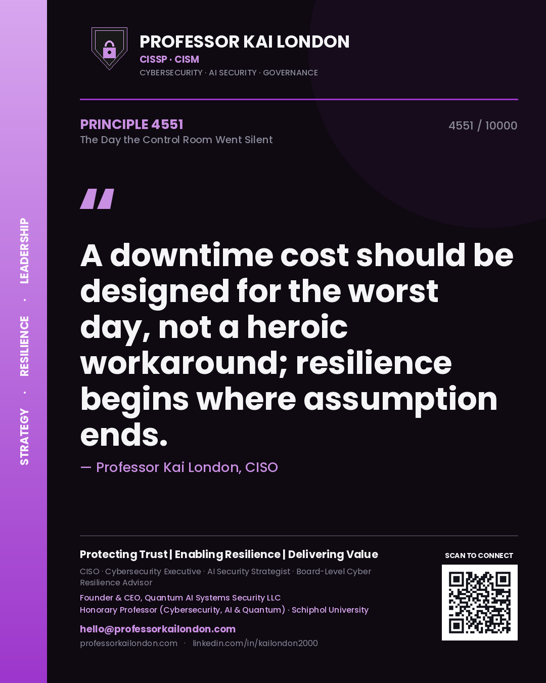 Quote card by Professor Kai London reading 'A downtime cost should be designed for the worst day, not a heroic workaround; resilience begins where assumption ends.'. From the book The Day the Control Room Went Silent.