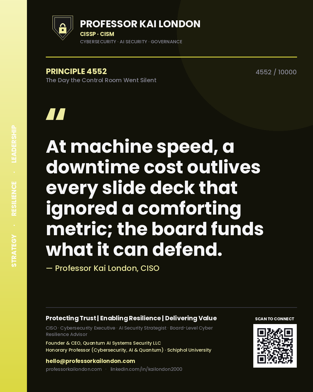 Quote card by Professor Kai London reading 'At machine speed, a downtime cost outlives every slide deck that ignored a comforting metric; the board funds what it can defend.'. From the book The Day the Control Room Went Silent.
