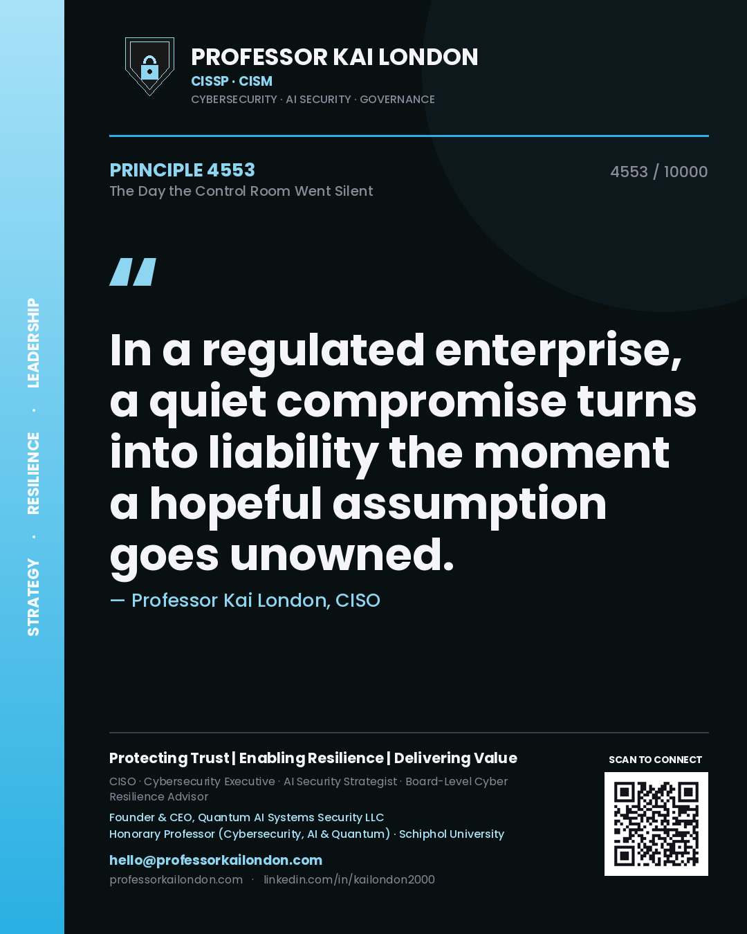 Quote card by Professor Kai London reading 'In a regulated enterprise, a quiet compromise turns into liability the moment a hopeful assumption goes unowned.'. From the book The Day the Control Room Went Silent.