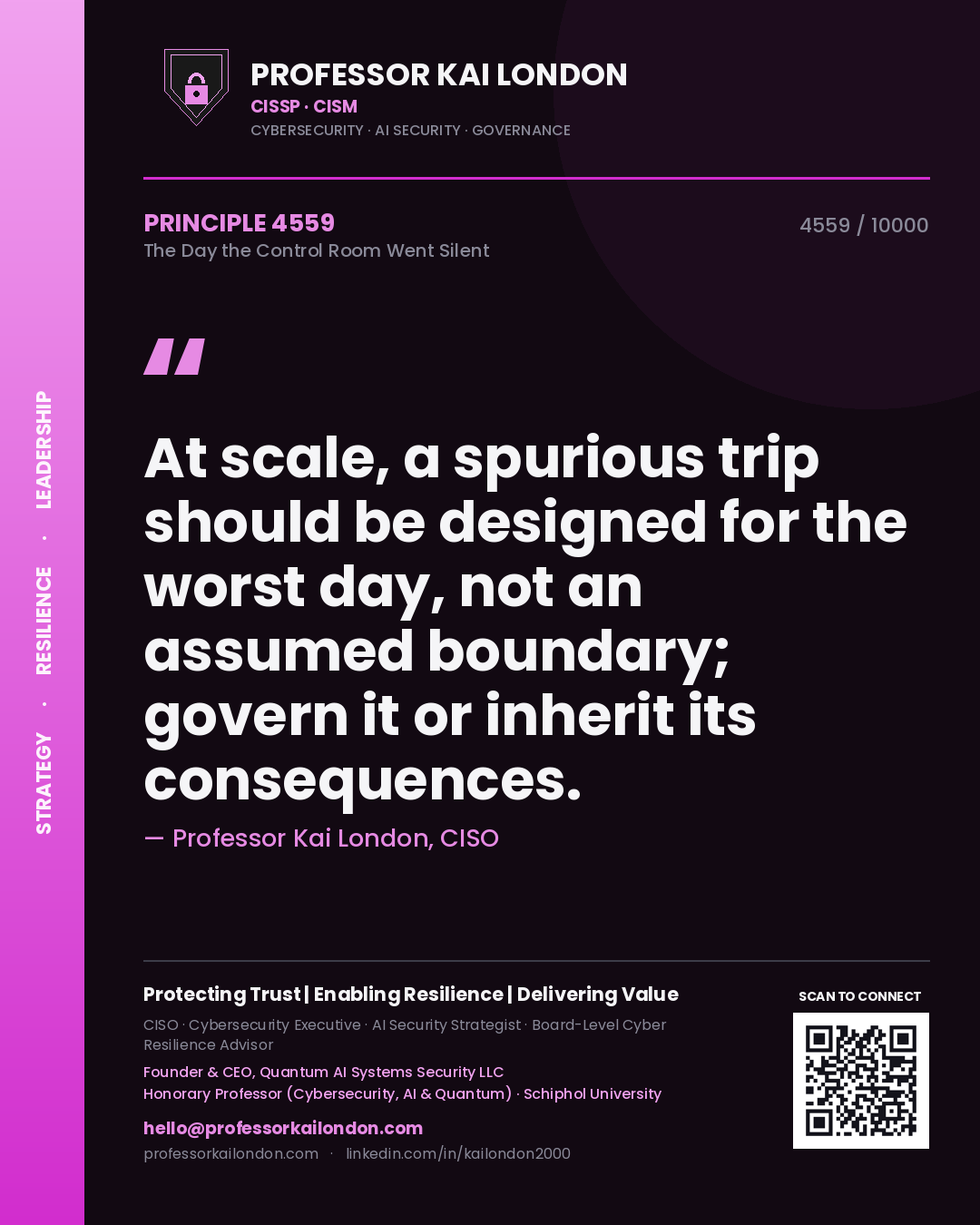Professor Kai London principle 4559: At scale, a spurious trip should be designed for the worst day, not an assumed boundary; govern it or inherit its consequences.