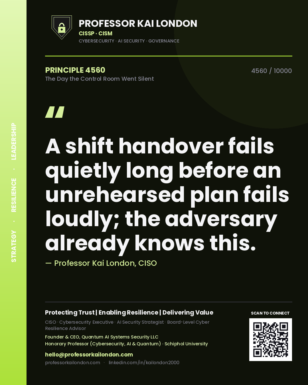 Quote card by Professor Kai London reading 'A shift handover fails quietly long before an unrehearsed plan fails loudly; the adversary already knows this.'. From the book The Day the Control Room Went Silent.