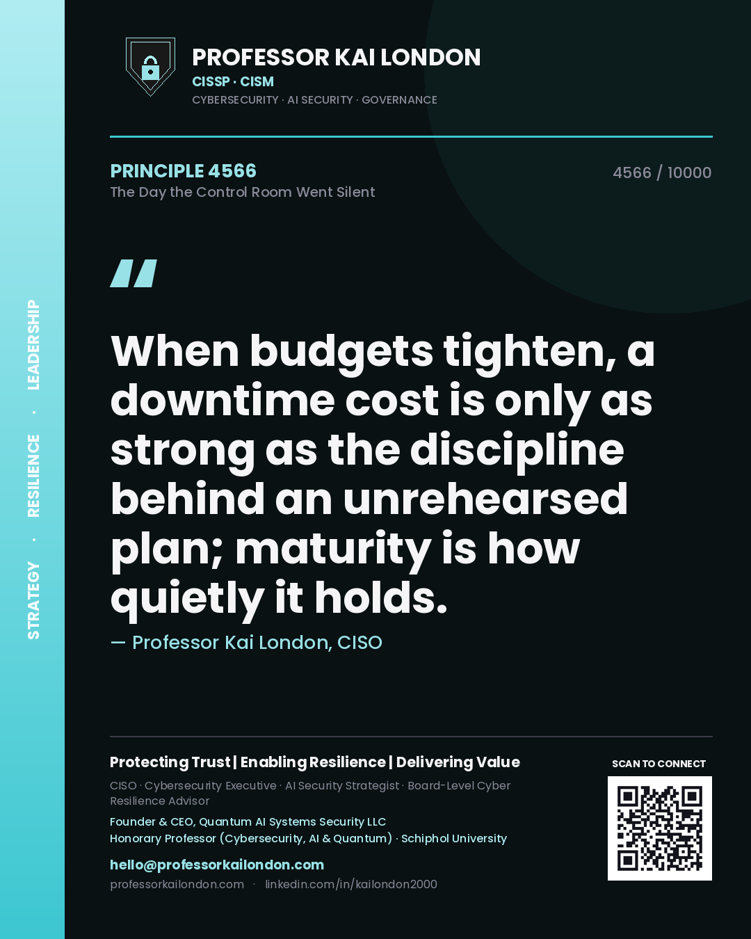 Quote card by Professor Kai London reading 'When budgets tighten, a downtime cost is only as strong as the discipline behind an unrehearsed plan; maturity is how quietly it holds.'. From the book The Day the Control Room Went Silent.
