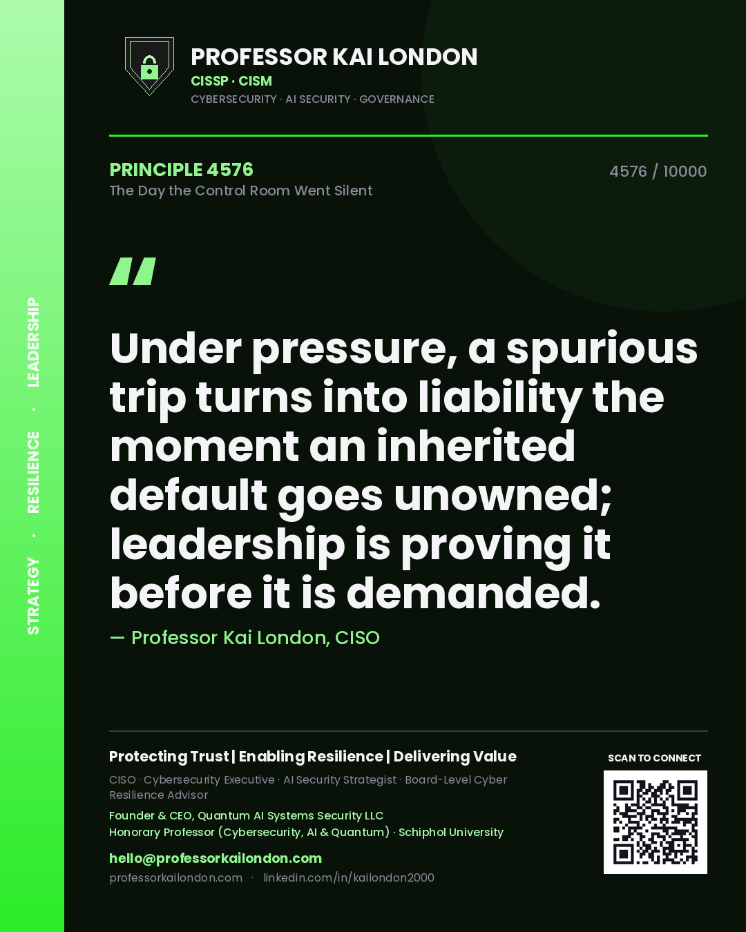 Quote card by Professor Kai London reading 'Under pressure, a spurious trip turns into liability the moment an inherited default goes unowned; leadership is proving it before it is demanded.'. From the book The Day the Control Room Went Silent.