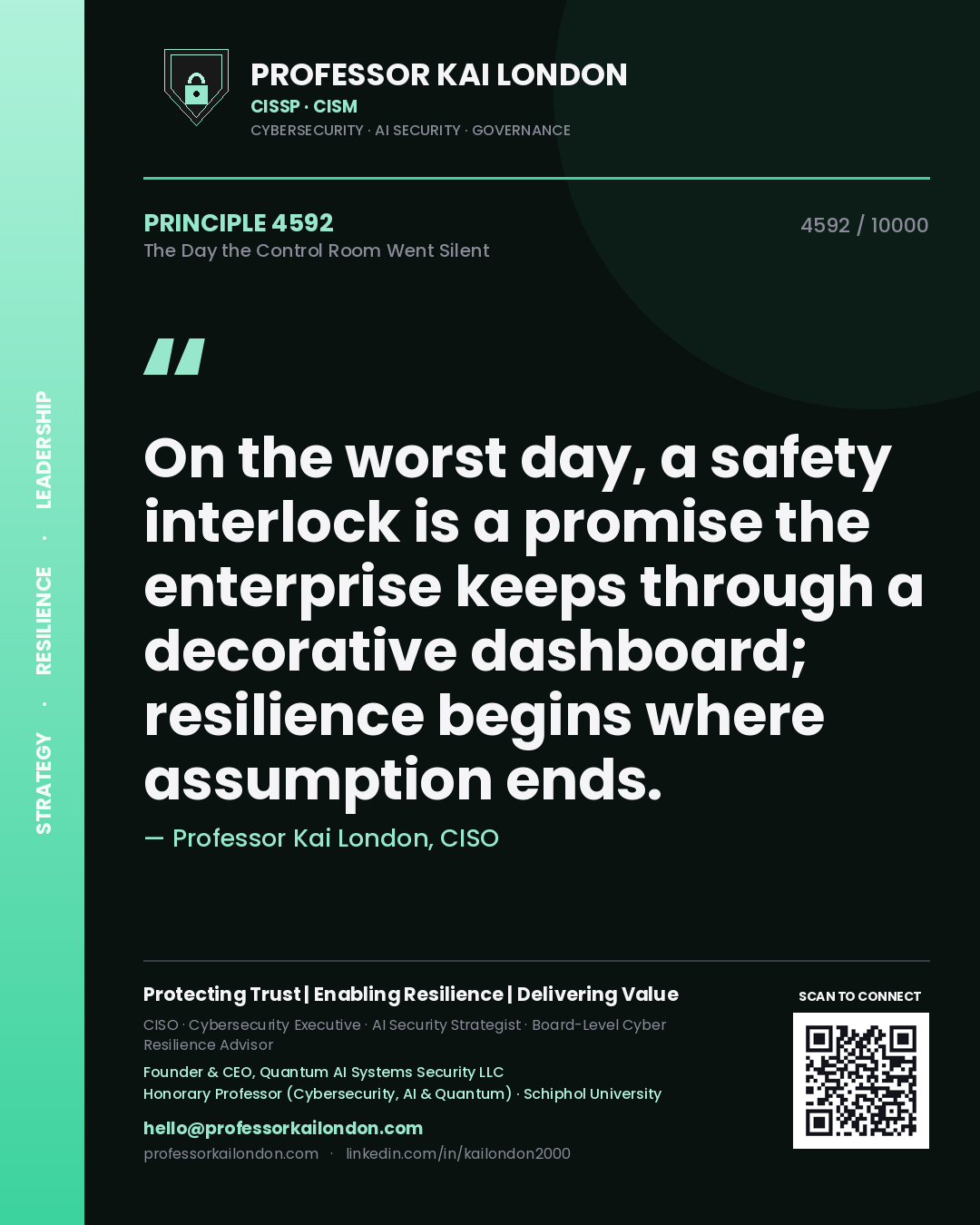 Quote card by Professor Kai London reading 'On the worst day, a safety interlock is a promise the enterprise keeps through a decorative dashboard; resilience begins where assumption ends.'. From the book The Day the Control Room Went Silent.