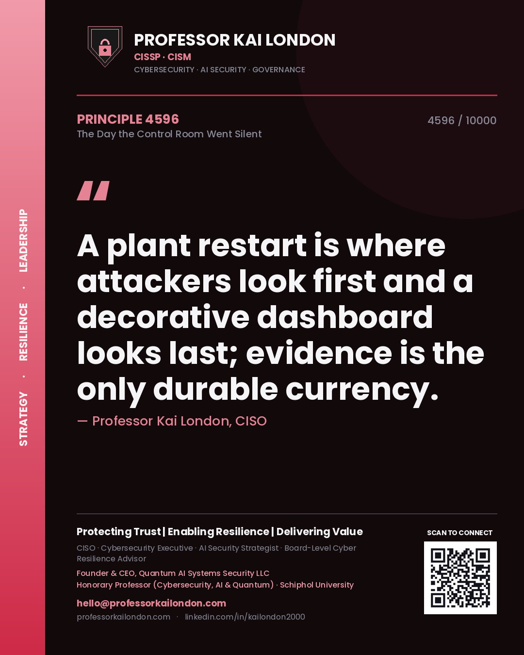 Professor Kai London principle 4596: A plant restart is where attackers look first and a decorative dashboard looks last; evidence is the only durable currency.