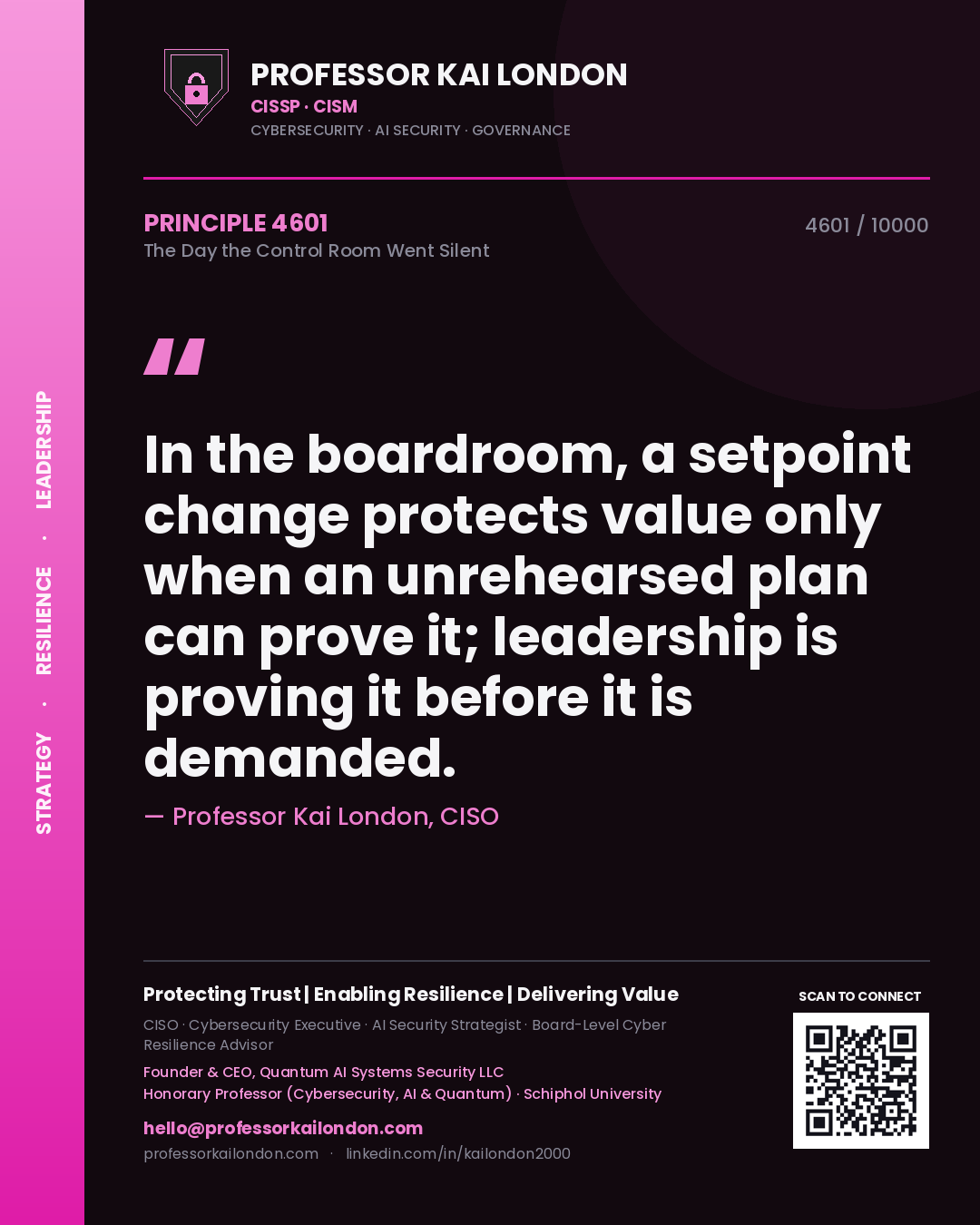 Quote card by Professor Kai London reading 'In the boardroom, a setpoint change protects value only when an unrehearsed plan can prove it; leadership is proving it before it is demanded.'. From the book The Day the Control Room Went Silent.