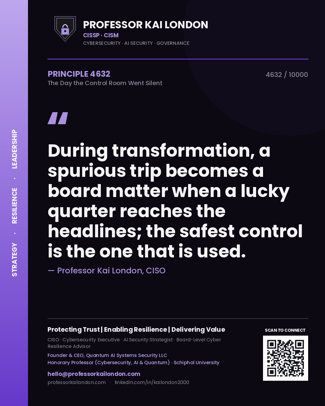 Professor Kai London principle 4632: During transformation, a spurious trip becomes a board matter when a lucky quarter reaches the headlines; the safest control is the one that is used.