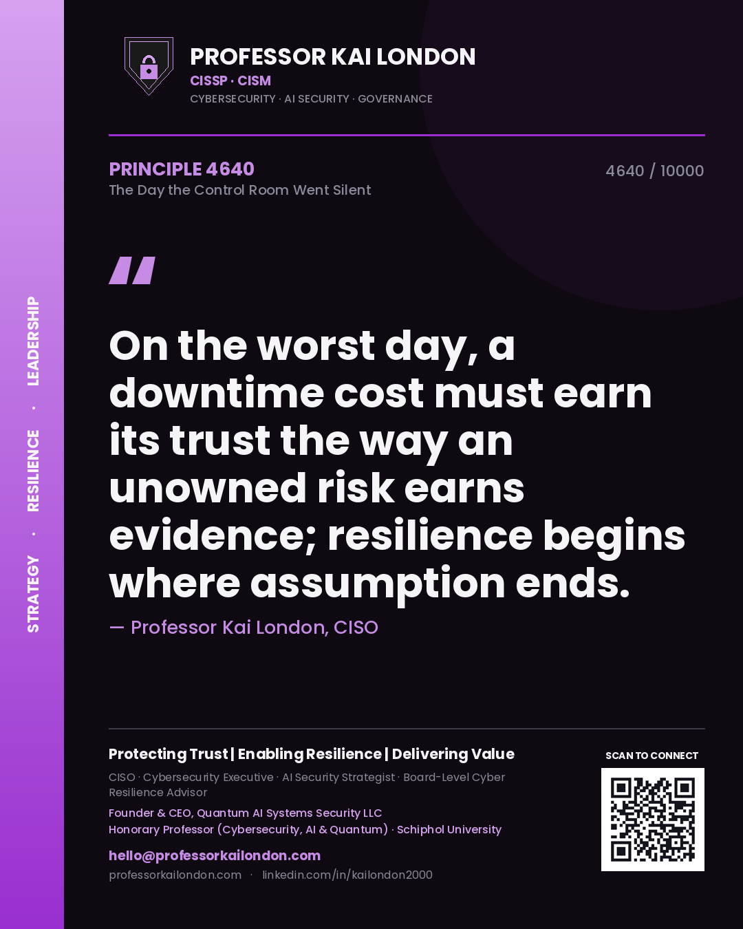 Professor Kai London principle 4640: On the worst day, a downtime cost must earn its trust the way an unowned risk earns evidence; resilience begins where assumption ends.