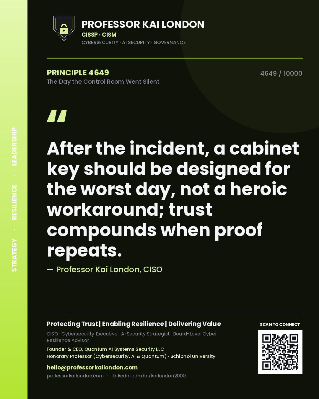 Quote card by Professor Kai London reading 'After the incident, a cabinet key should be designed for the worst day, not a heroic workaround; trust compounds when proof repeats.'. From the book The Day the Control Room Went Silent.